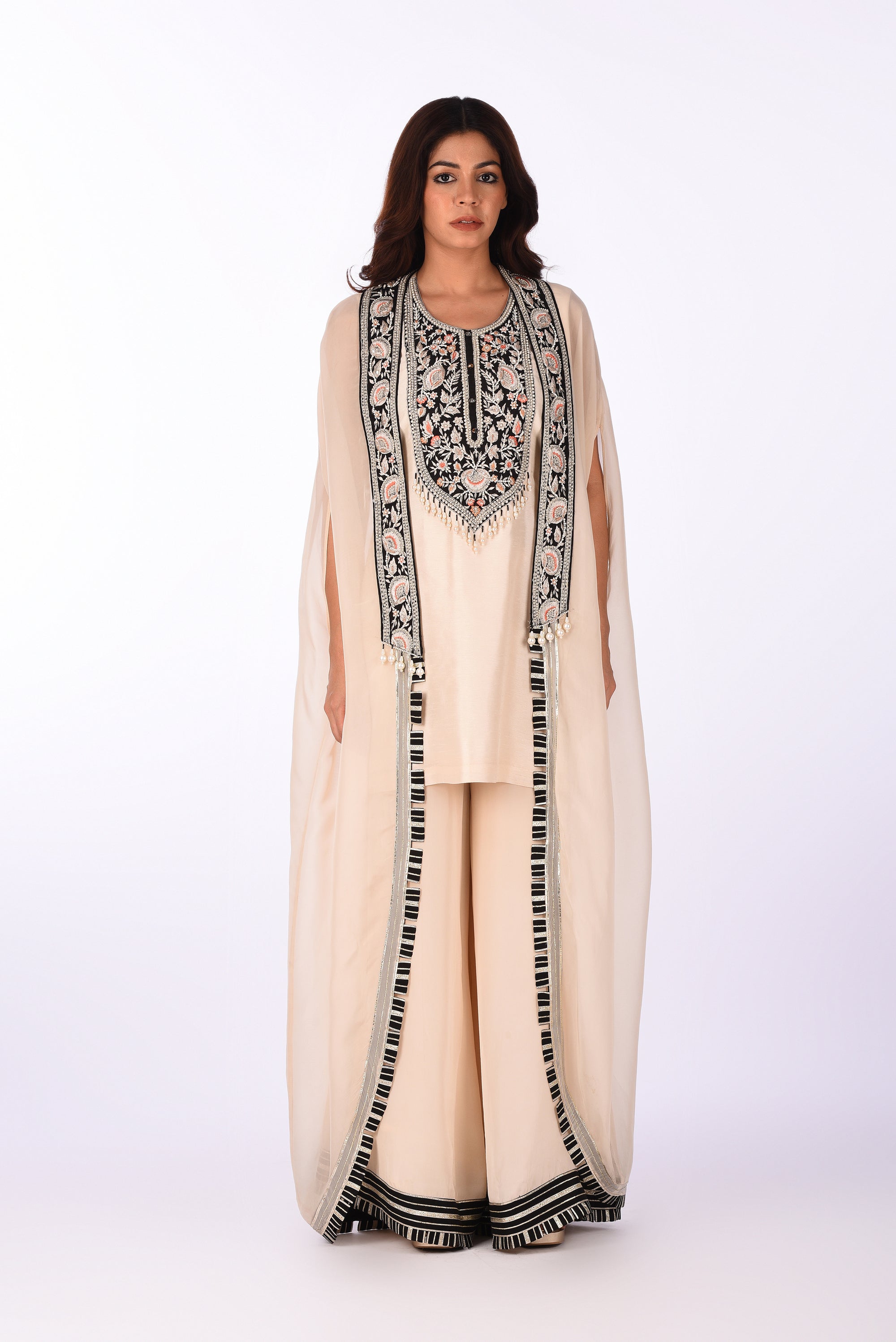 Ivory Embroidered Jacket Kurta Palazzo Set