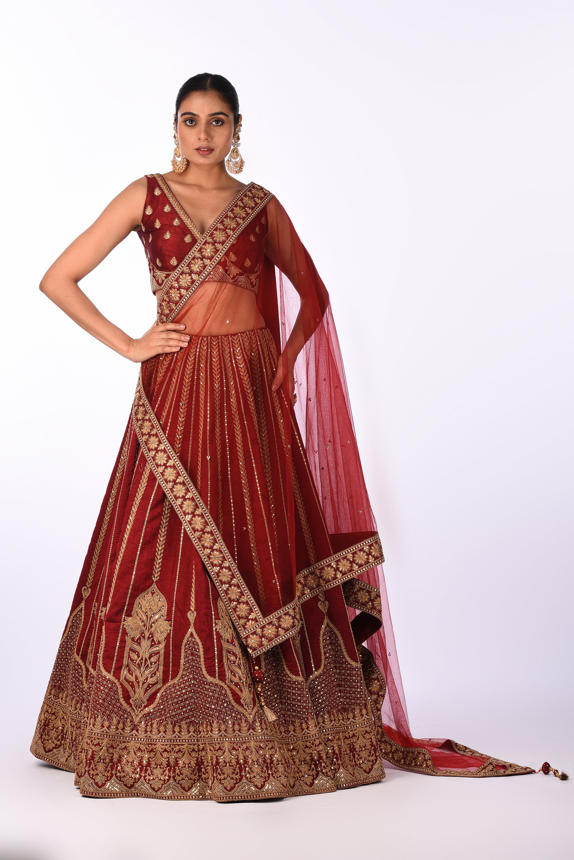 Maroon Velvet Embroidered Bridal Lehenga Set