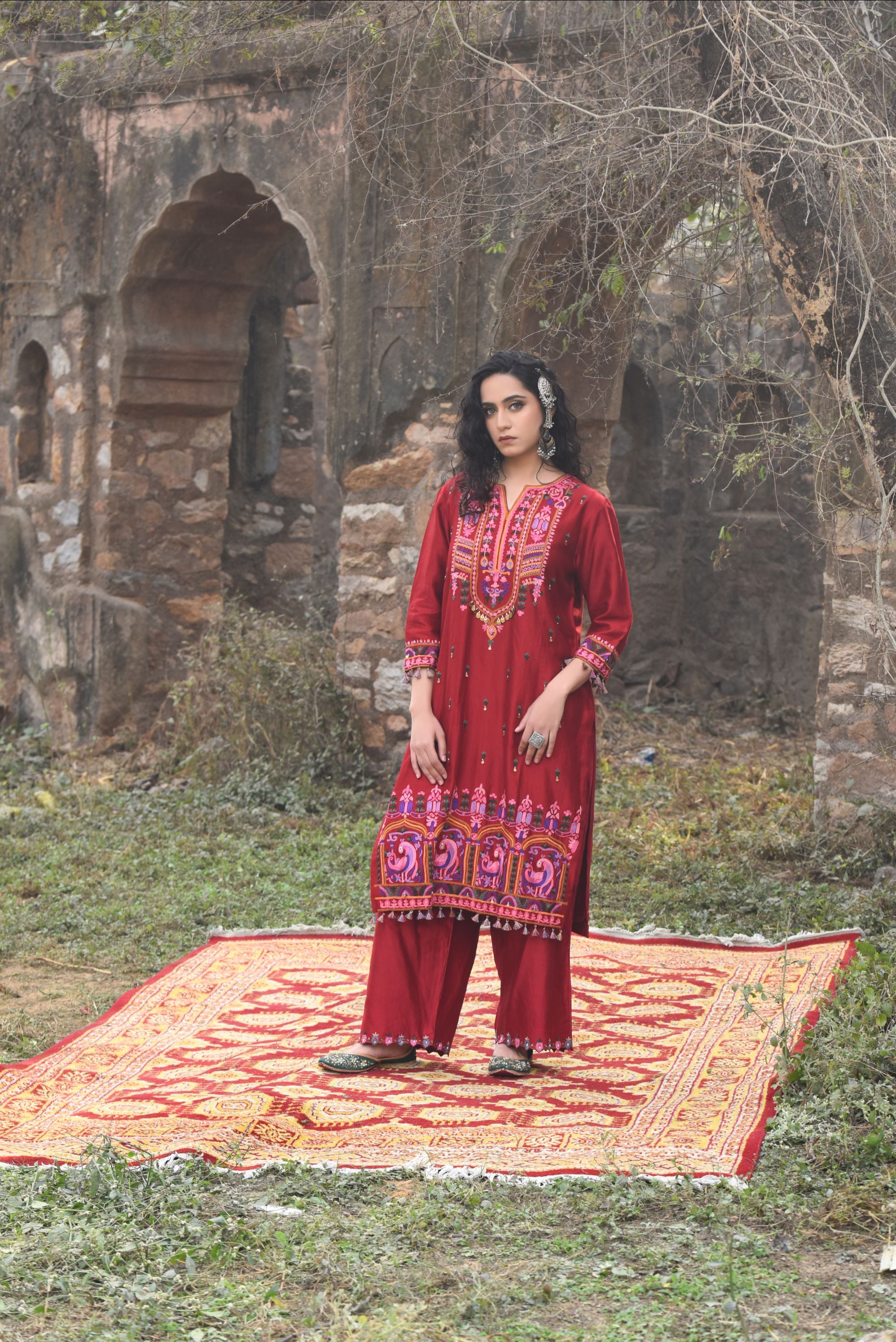 Deep Red Chanderi Kurta Set With Aari Work, Chanderi Pants With Organza Dupatta