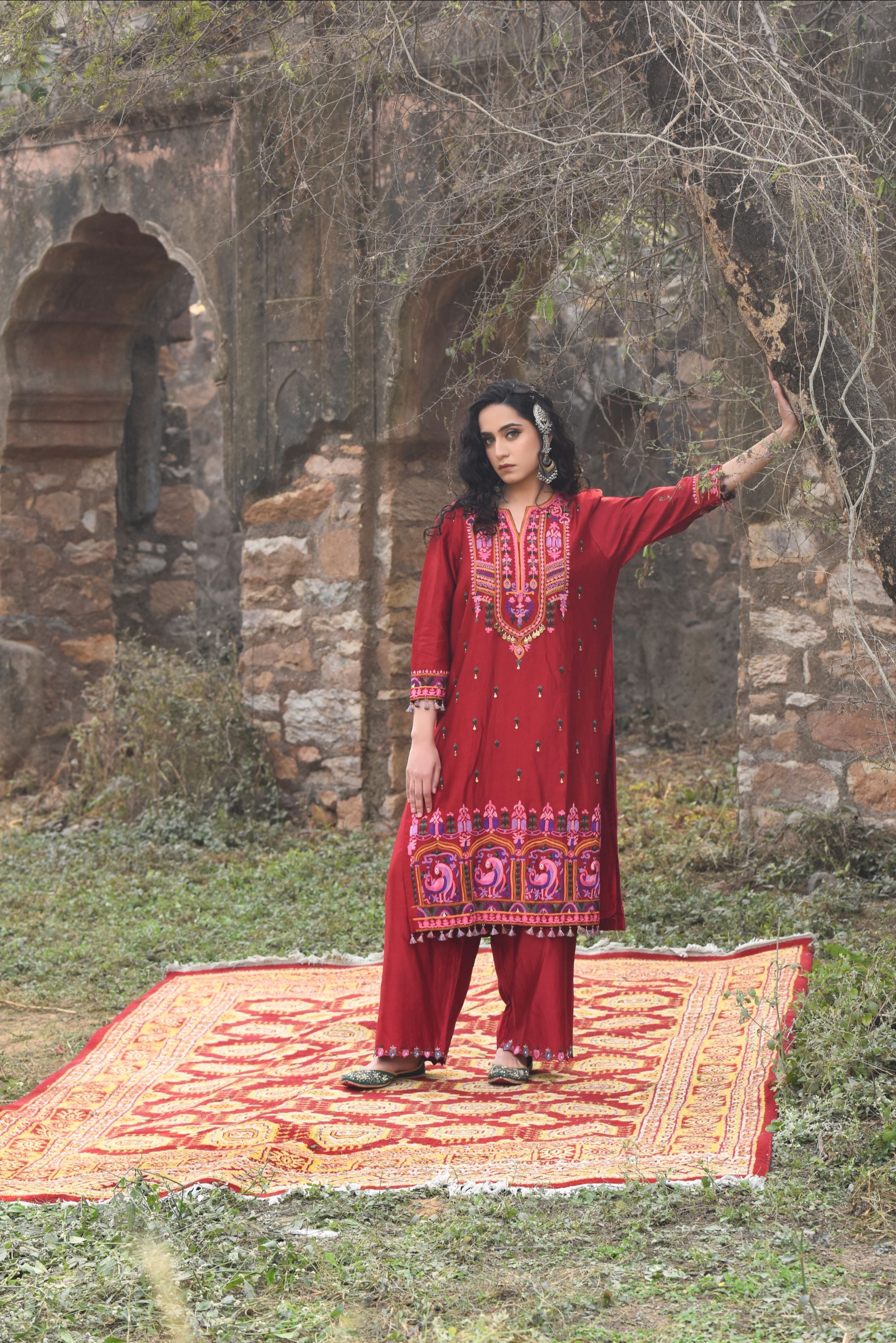 Deep Red Chanderi Kurta Set With Aari Work, Chanderi Pants With Organza Dupatta