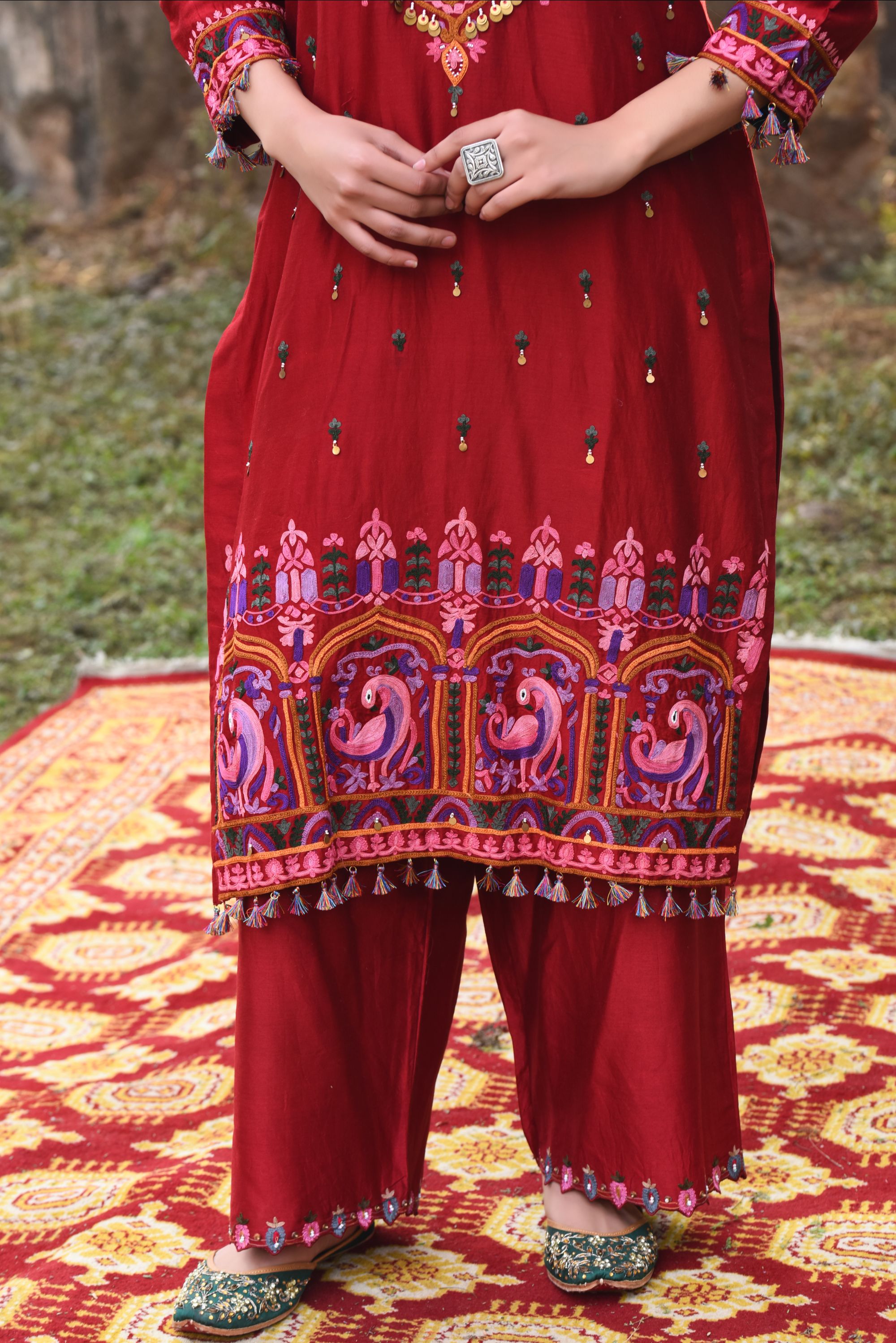 Deep Red Chanderi Kurta Set With Aari Work, Chanderi Pants With Organza Dupatta