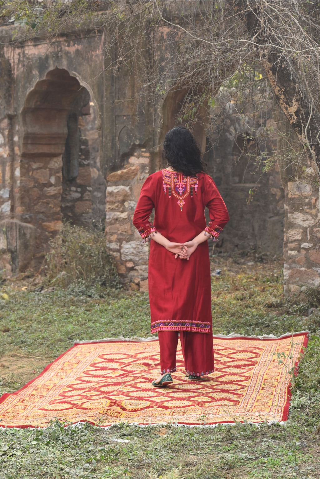 Deep Red Chanderi Kurta Set With Aari Work, Chanderi Pants With Organza Dupatta
