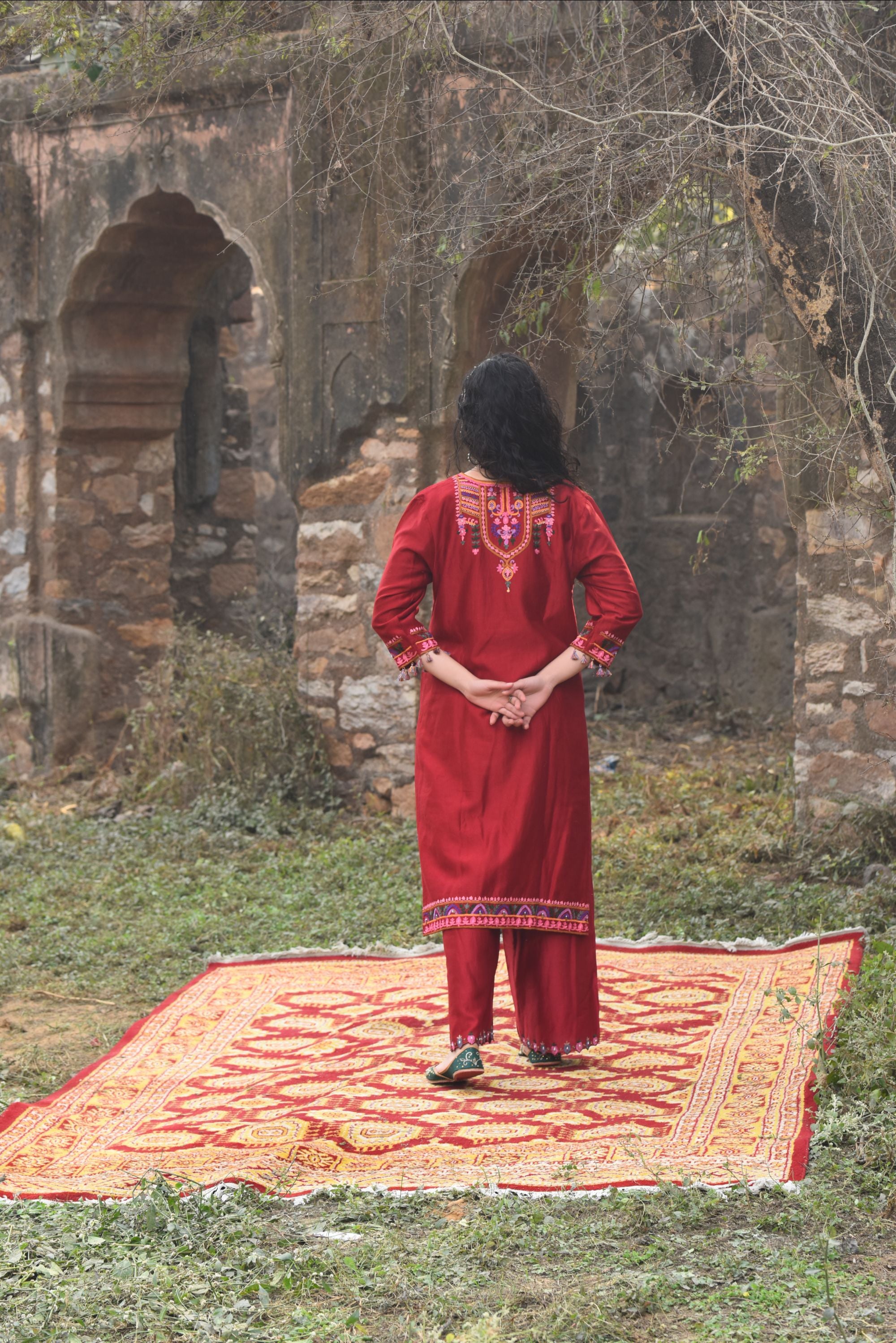Deep Red Chanderi Kurta Set With Aari Work, Chanderi Pants With Organza Dupatta