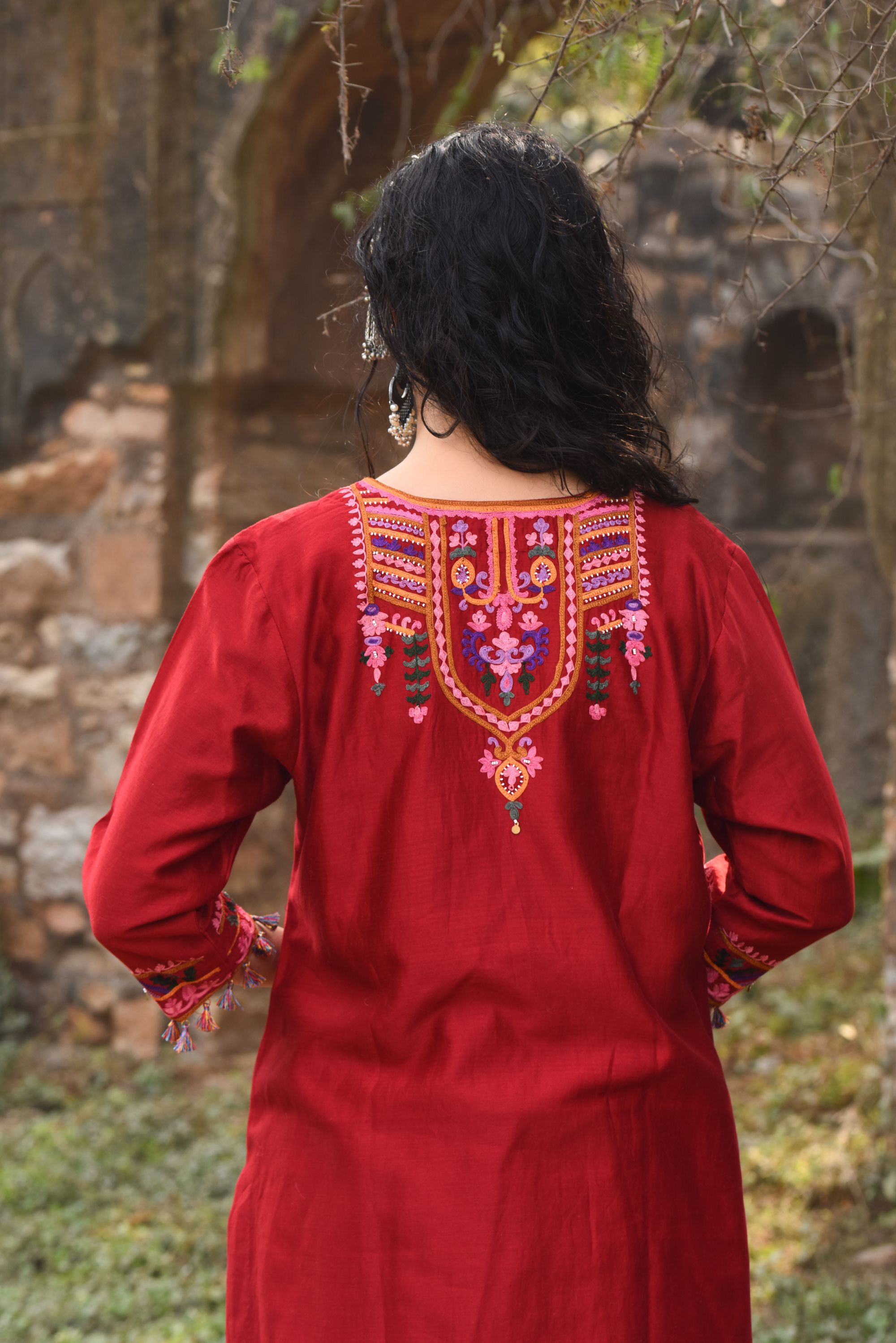 Deep Red Chanderi Kurta Set With Aari Work, Chanderi Pants With Organza Dupatta