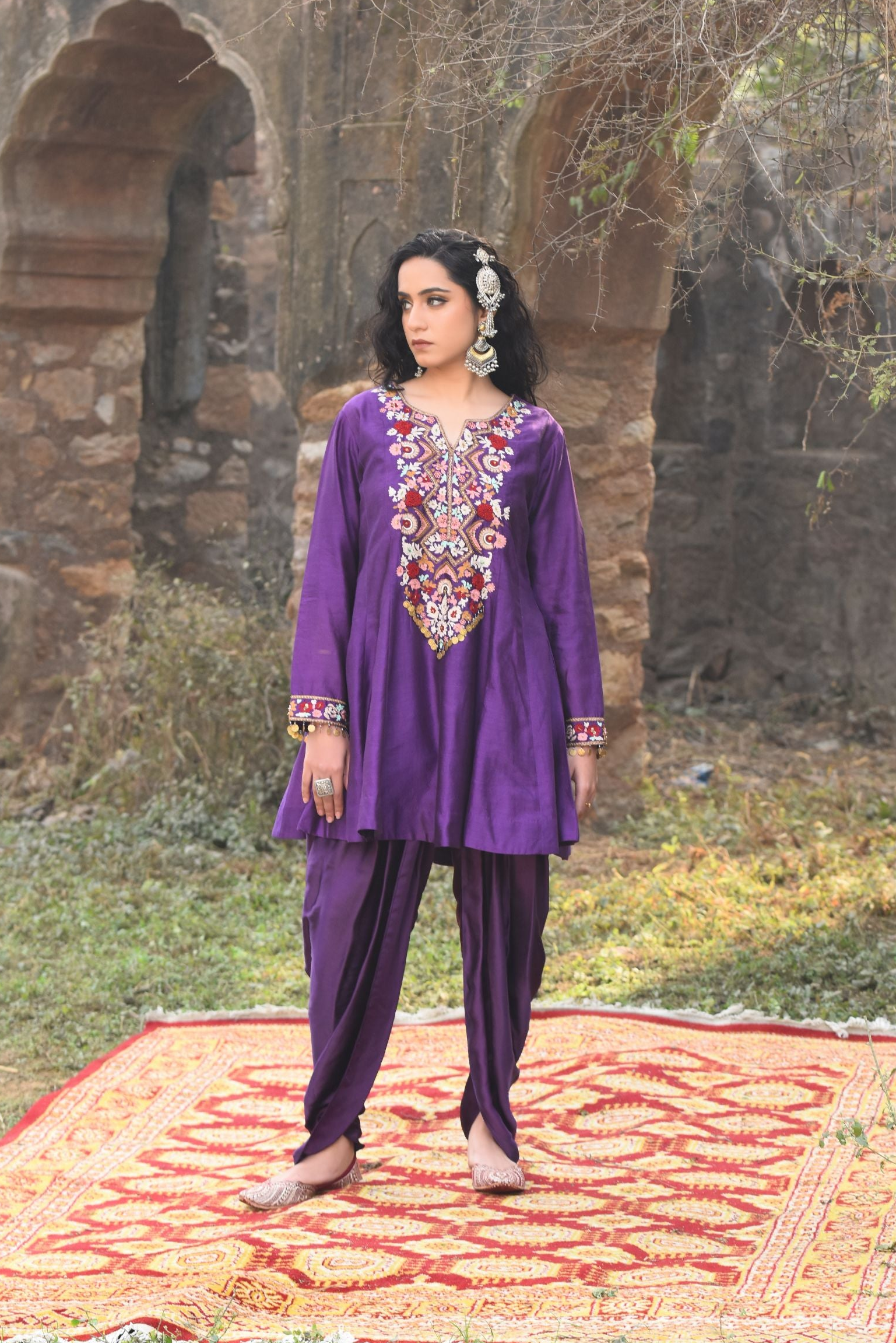 Purple A-Line Short Kurta With Bamber Satin Tulip Dhoti