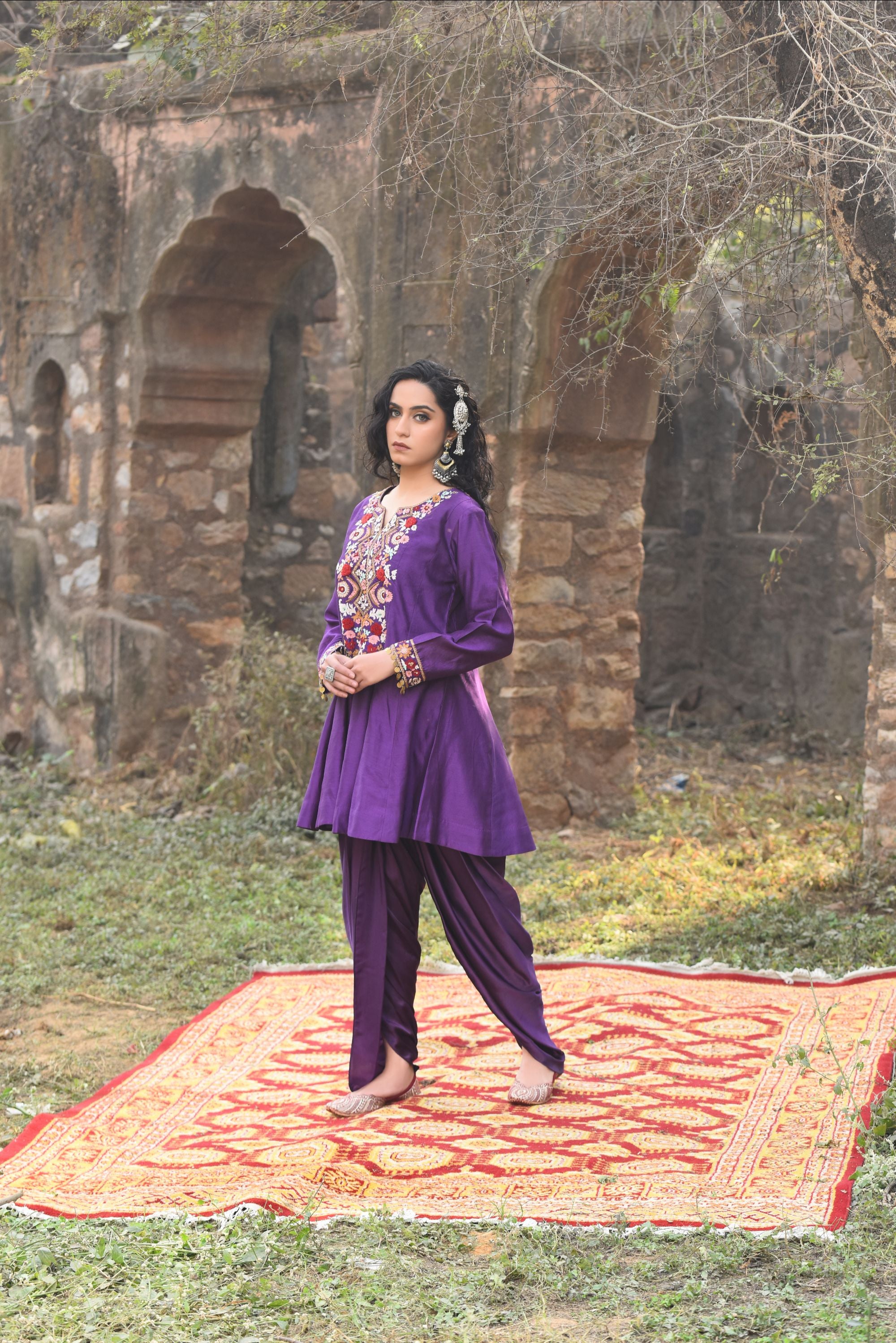 Purple A-Line Short Kurta With Bamber Satin Tulip Dhoti