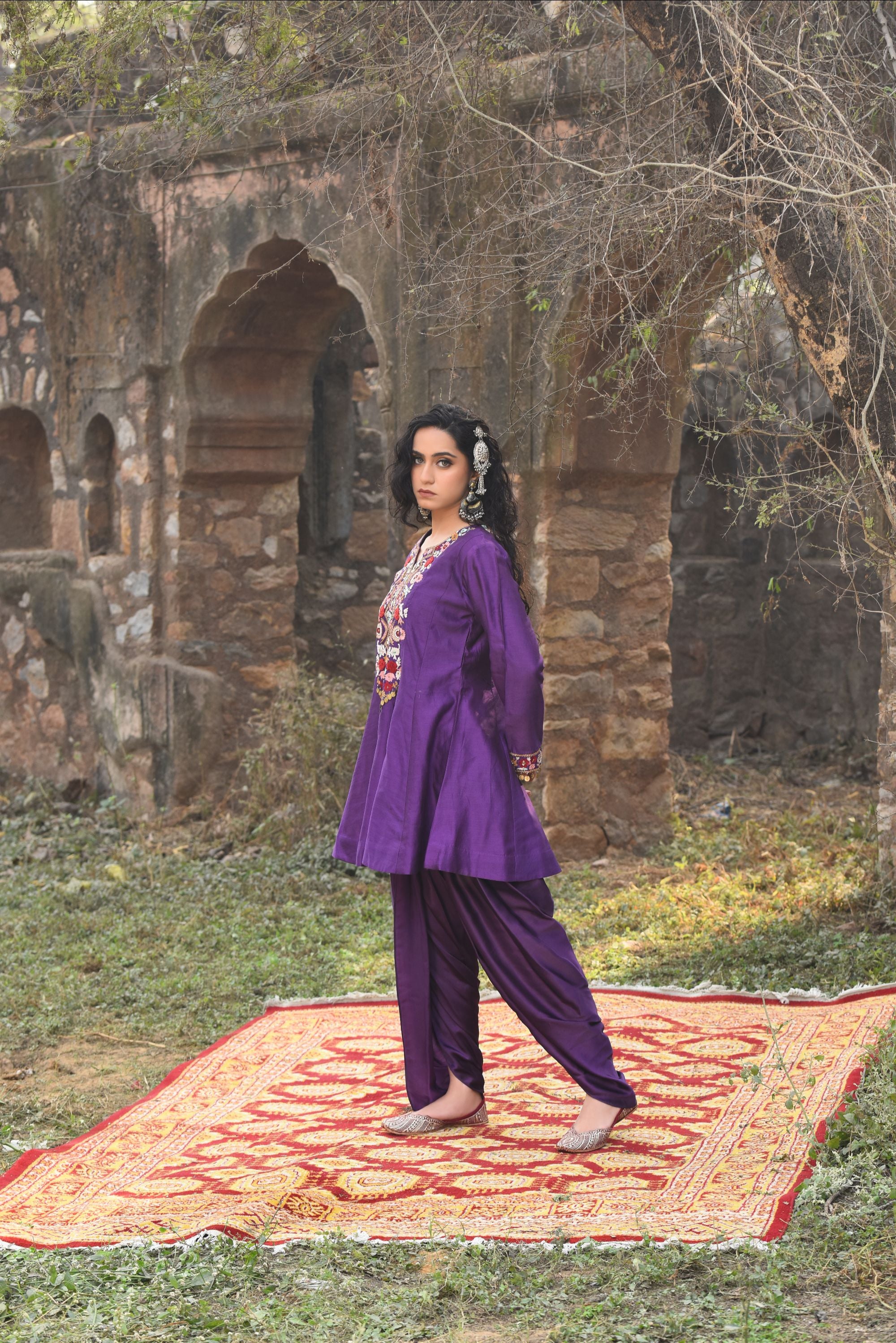 Purple A-Line Short Kurta With Bamber Satin Tulip Dhoti