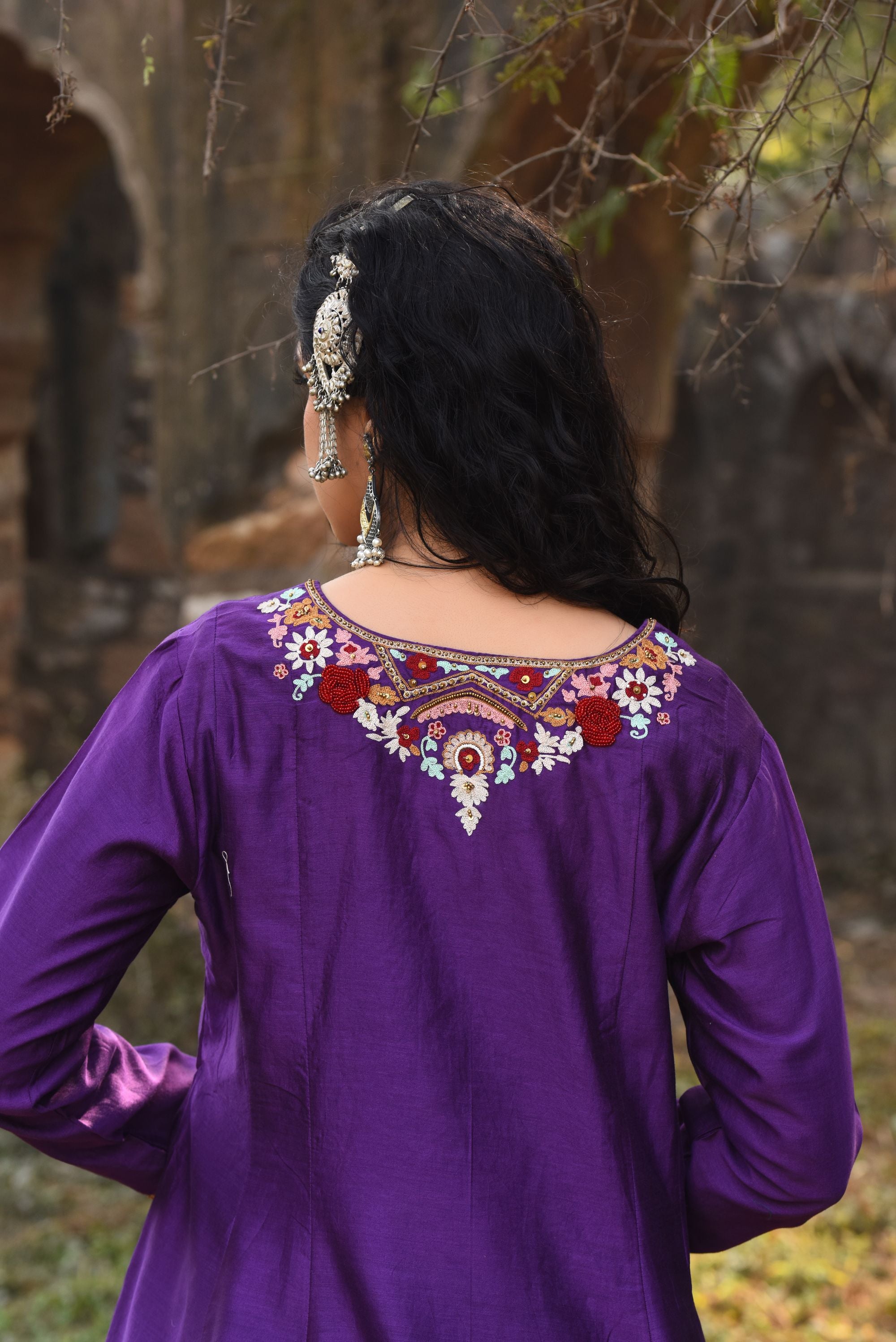 Purple A-Line Short Kurta With Bamber Satin Tulip Dhoti