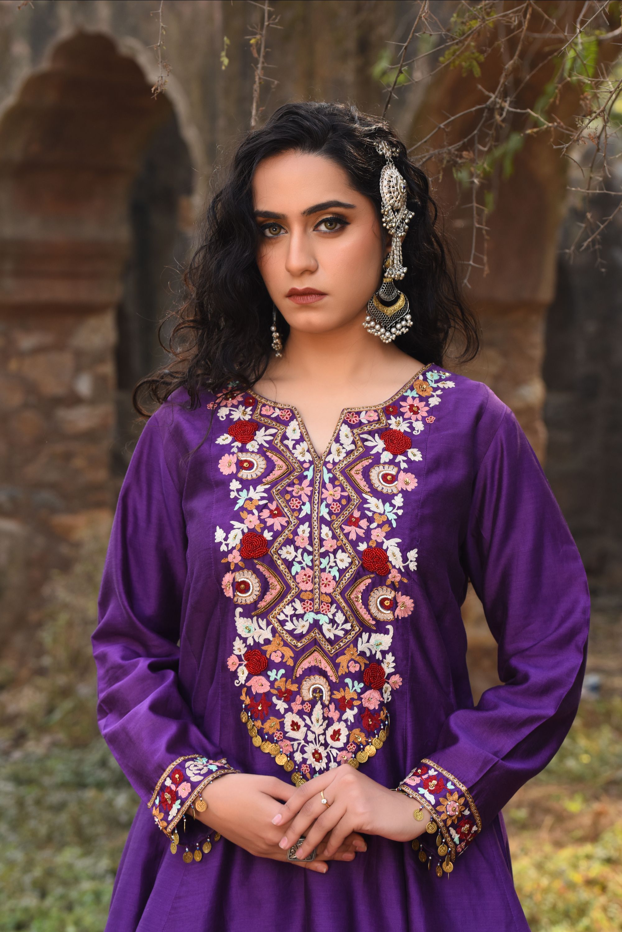 Purple A-Line Short Kurta With Bamber Satin Tulip Dhoti