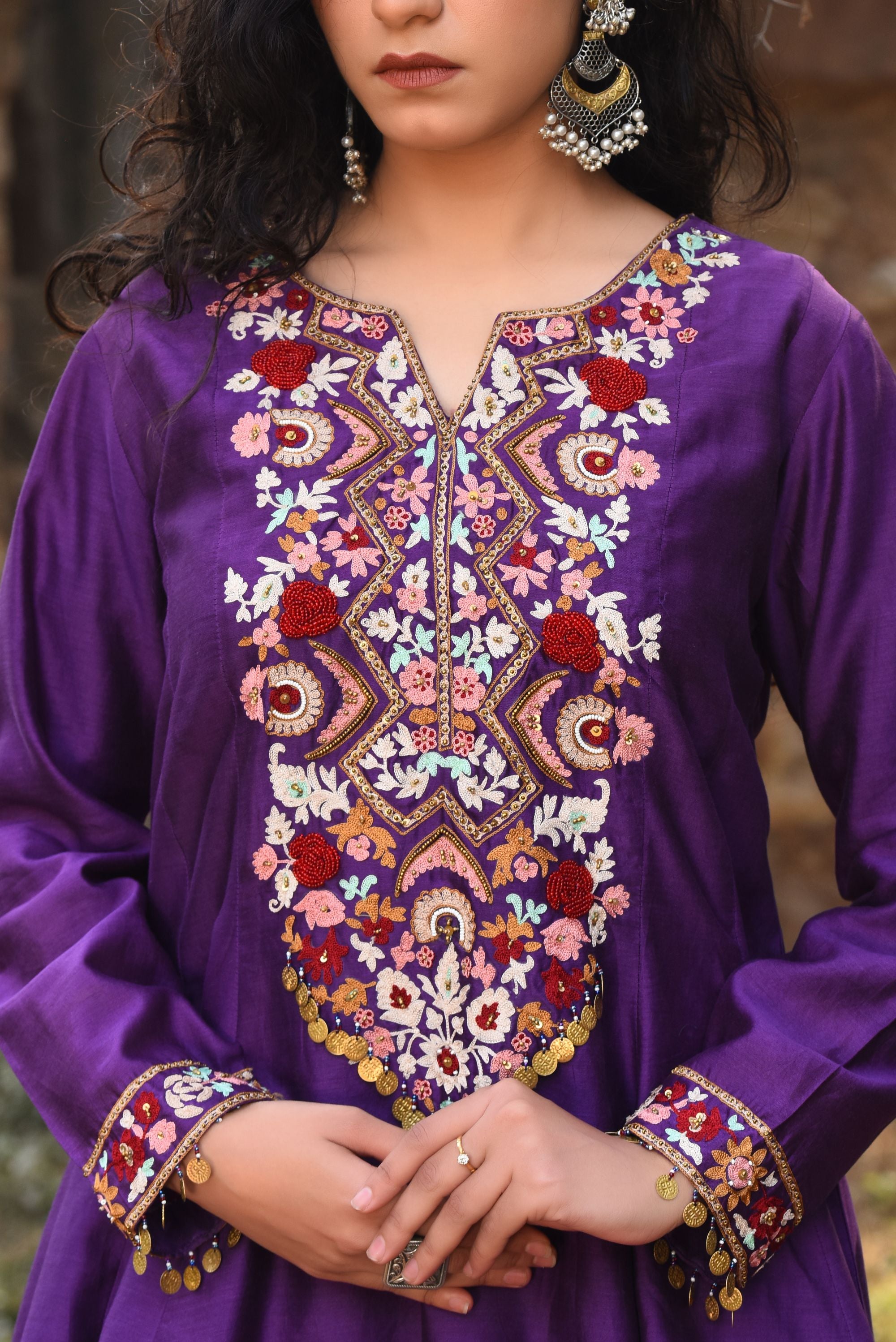 Purple A-Line Short Kurta With Bamber Satin Tulip Dhoti
