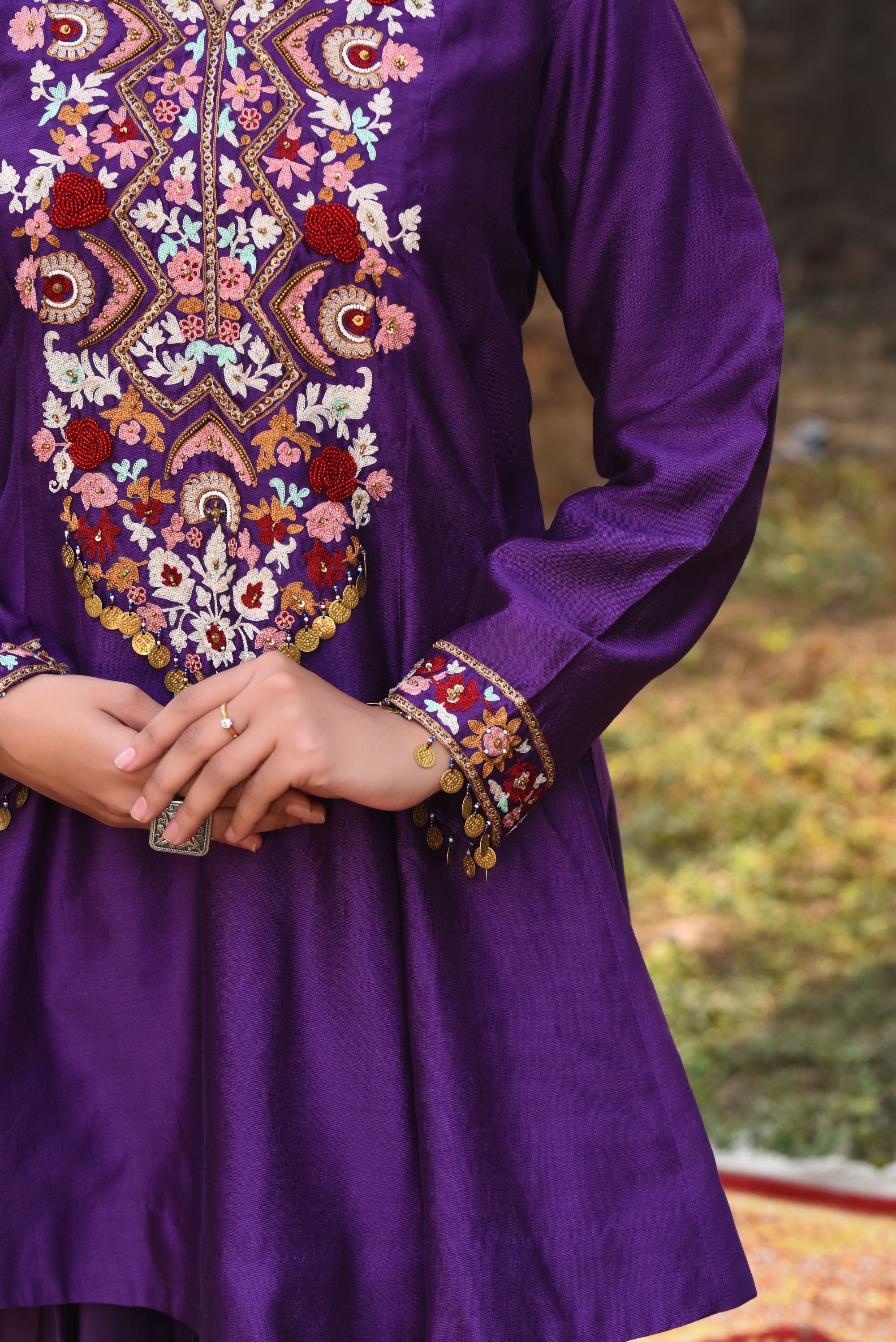 Purple A-Line Short Kurta With Bamber Satin Tulip Dhoti