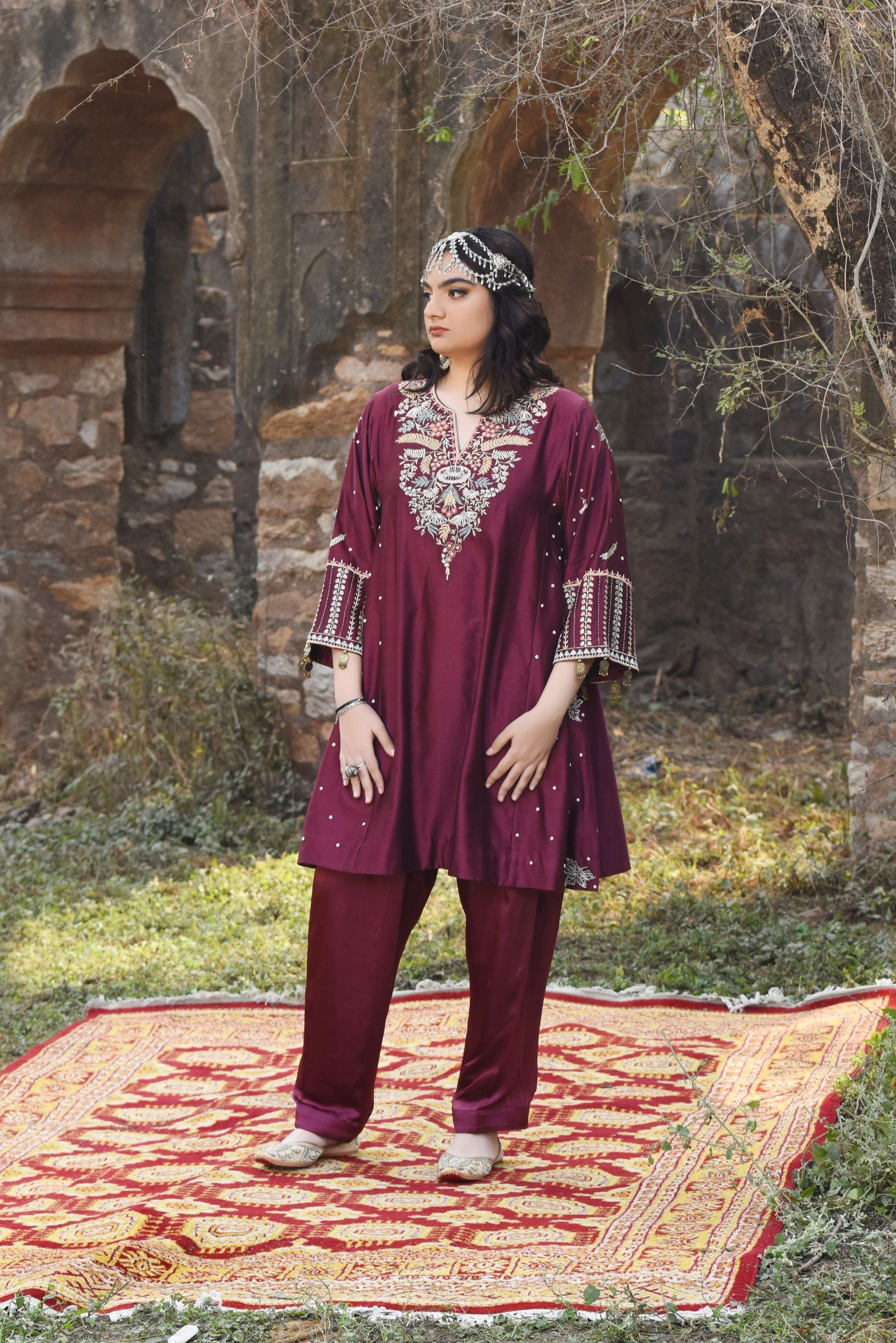Plum Chanderi Choga Set With Aari Work With Bamber Salwar