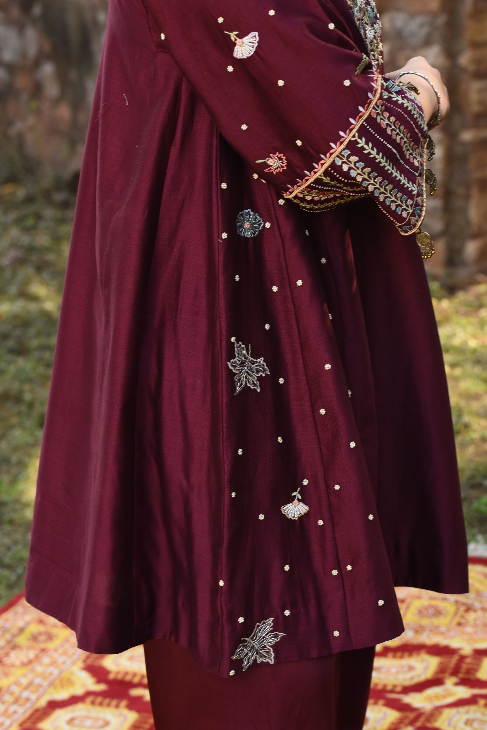 Plum Chanderi Choga Set With Aari Work With Bamber Salwar