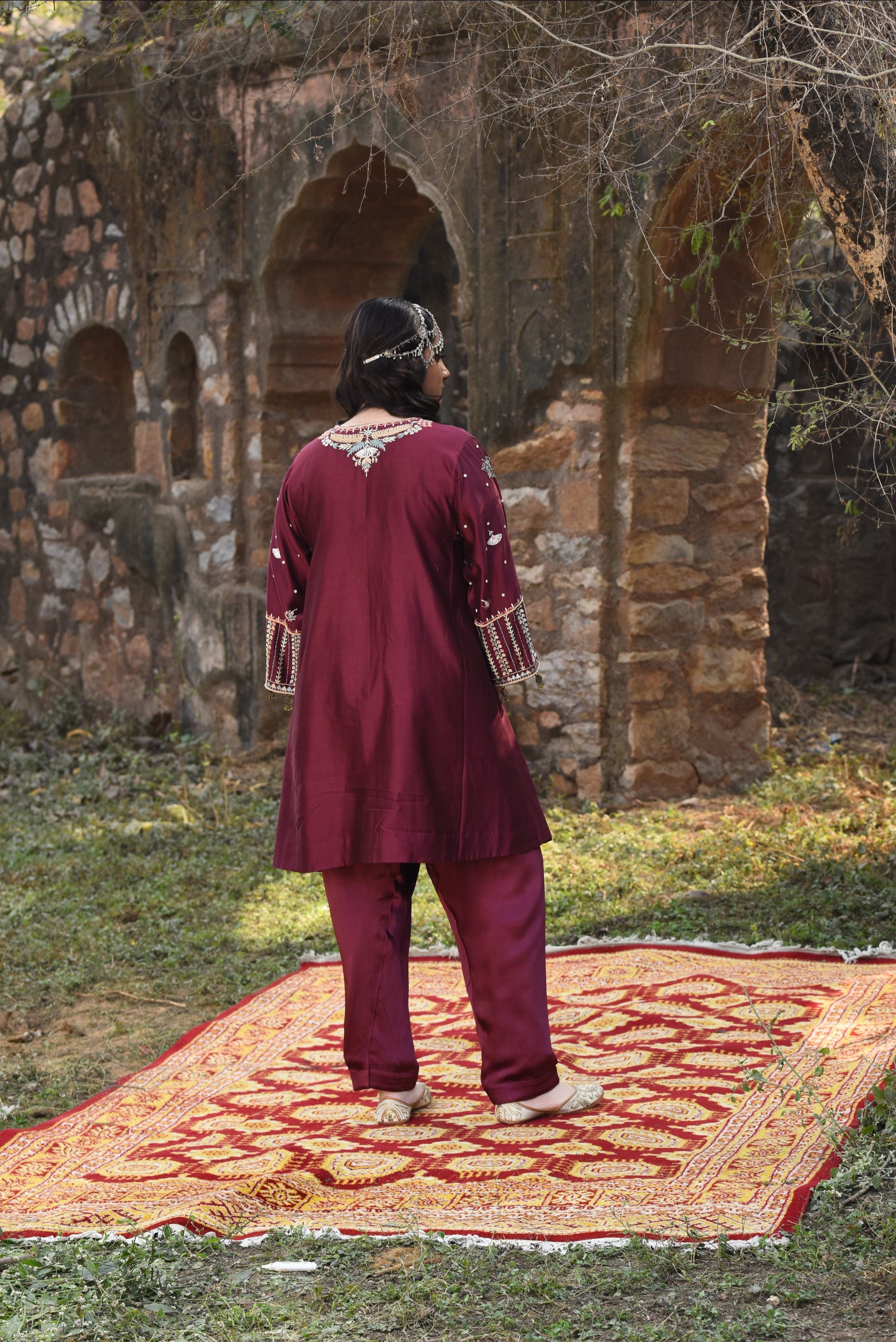 Plum Chanderi Choga Set With Aari Work With Bamber Salwar