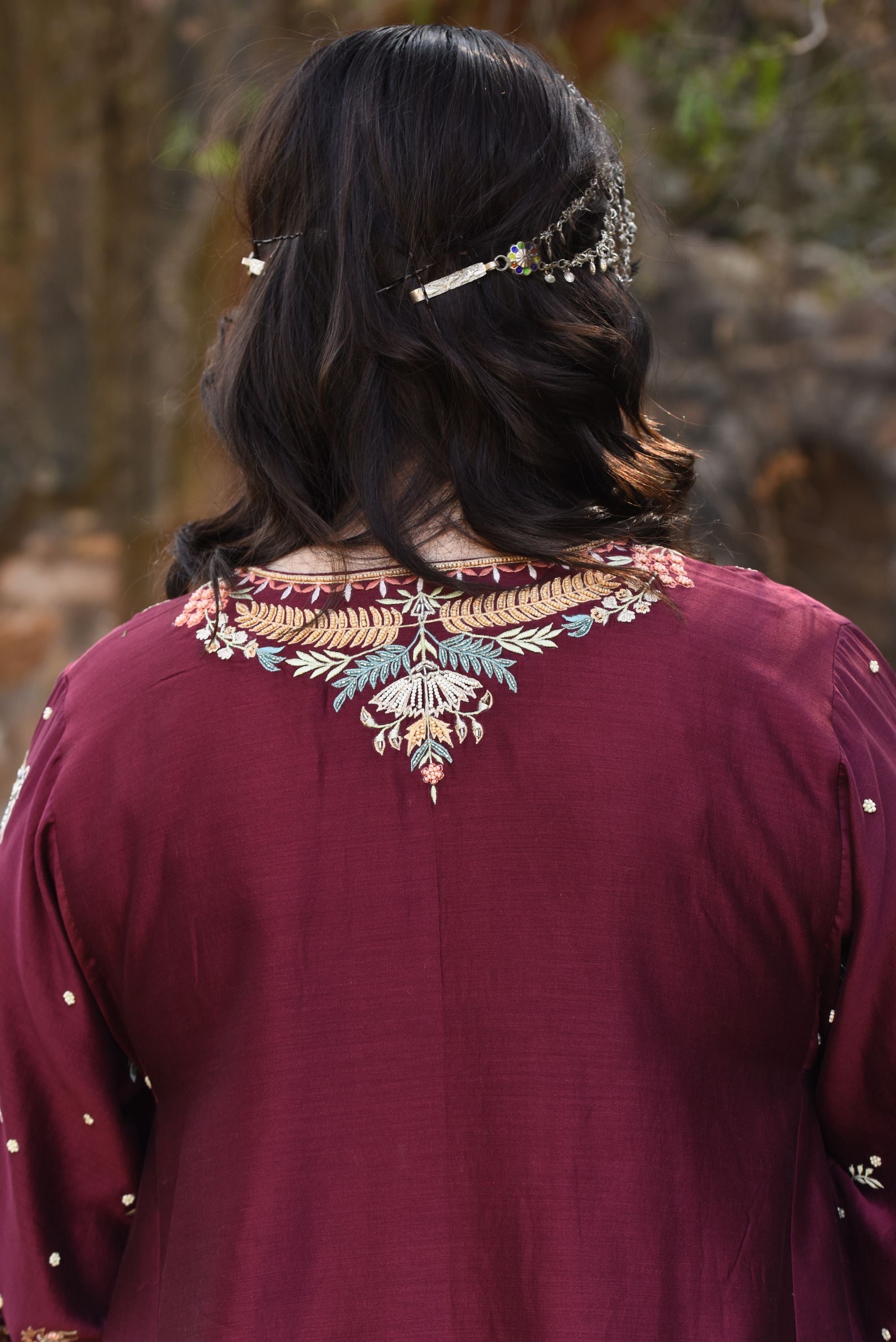 Plum Chanderi Choga Set With Aari Work With Bamber Salwar