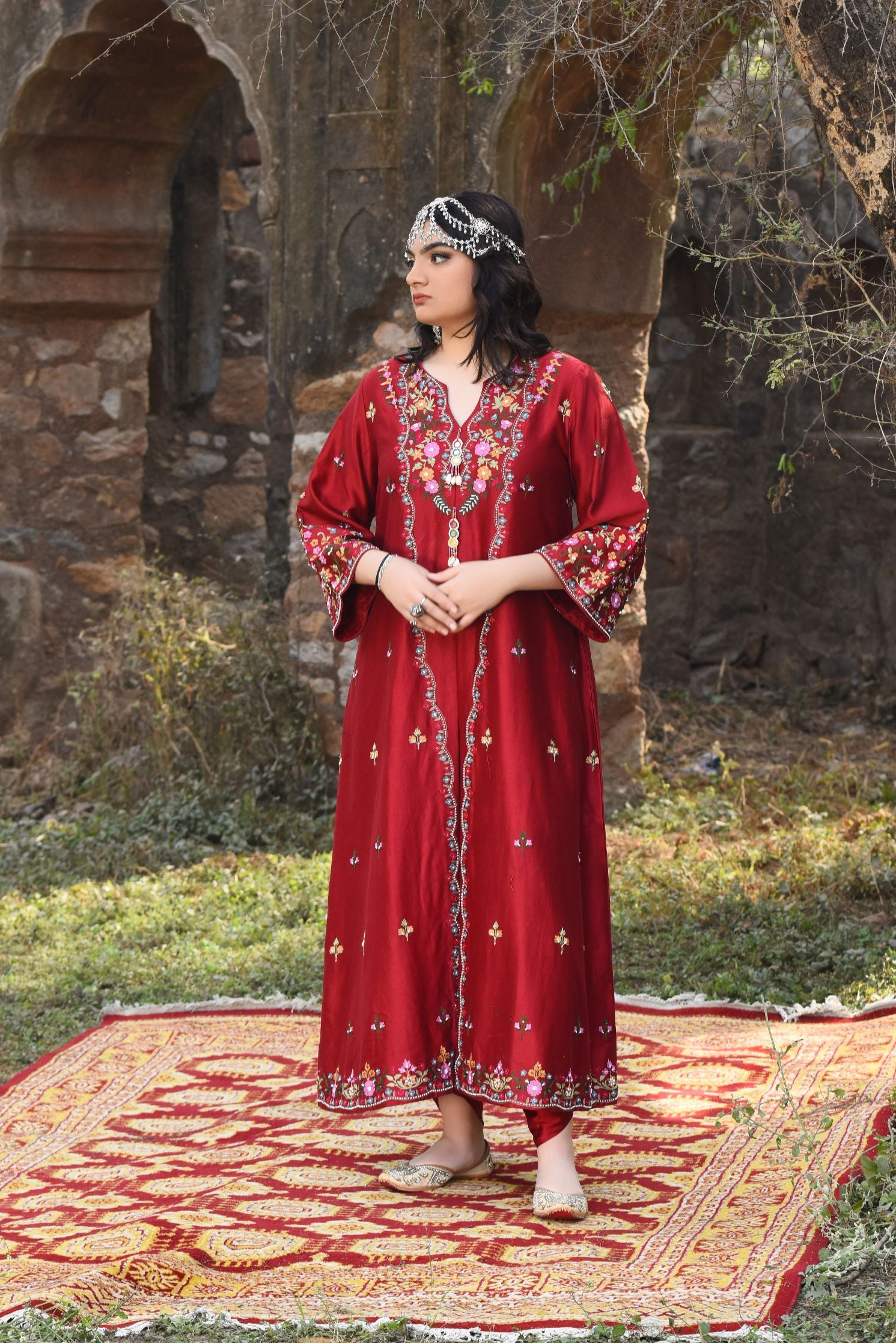 Front Slit Jacket With Aari Work And Bamber Satin Dhoti