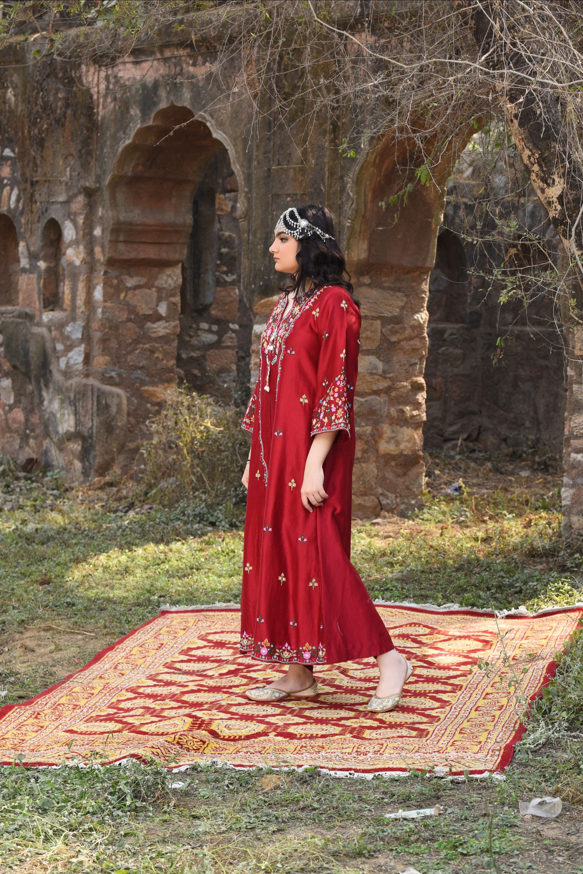 Front Slit Jacket With Aari Work And Bamber Satin Dhoti