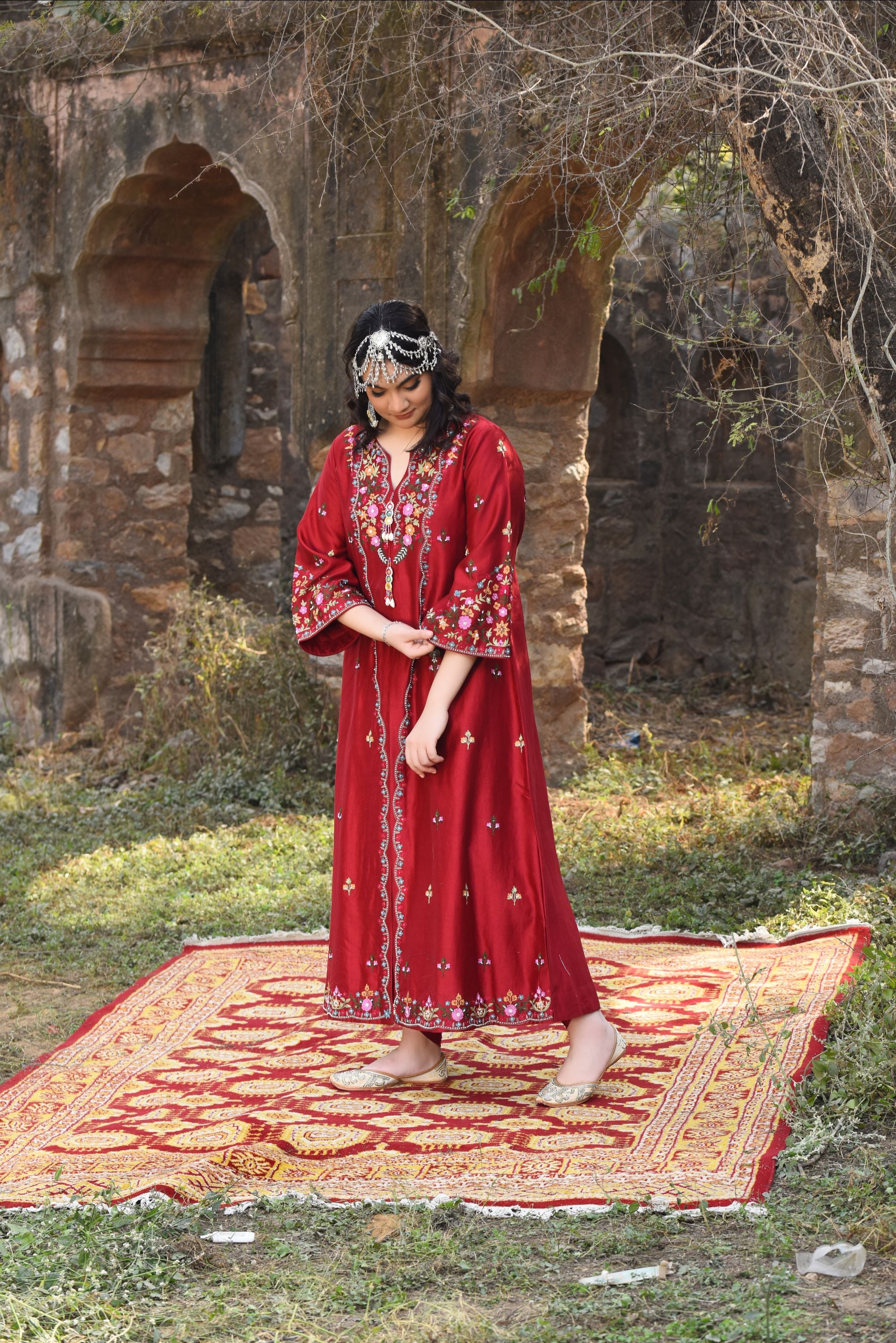Front Slit Jacket With Aari Work And Bamber Satin Dhoti
