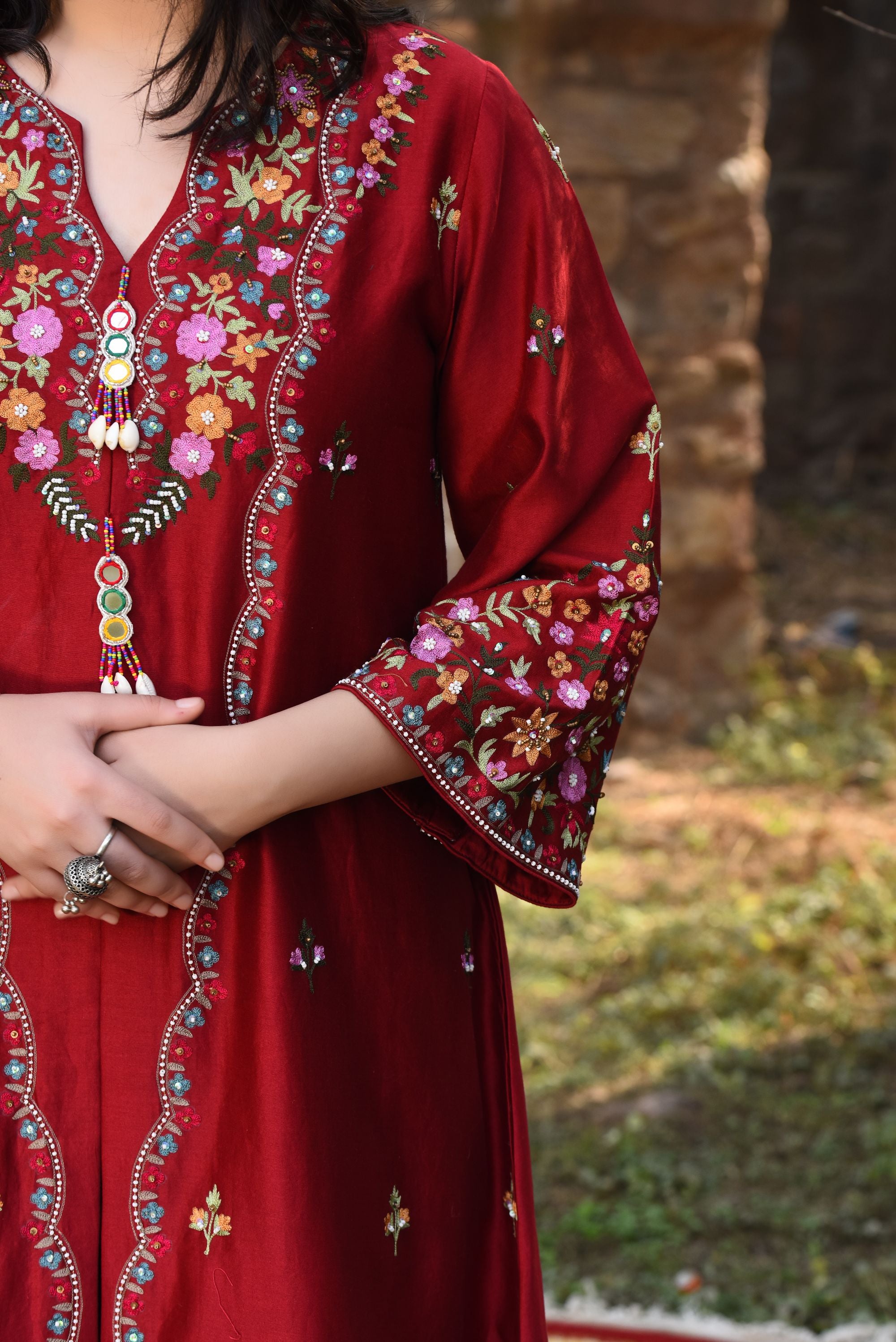 Front Slit Jacket With Aari Work And Bamber Satin Dhoti