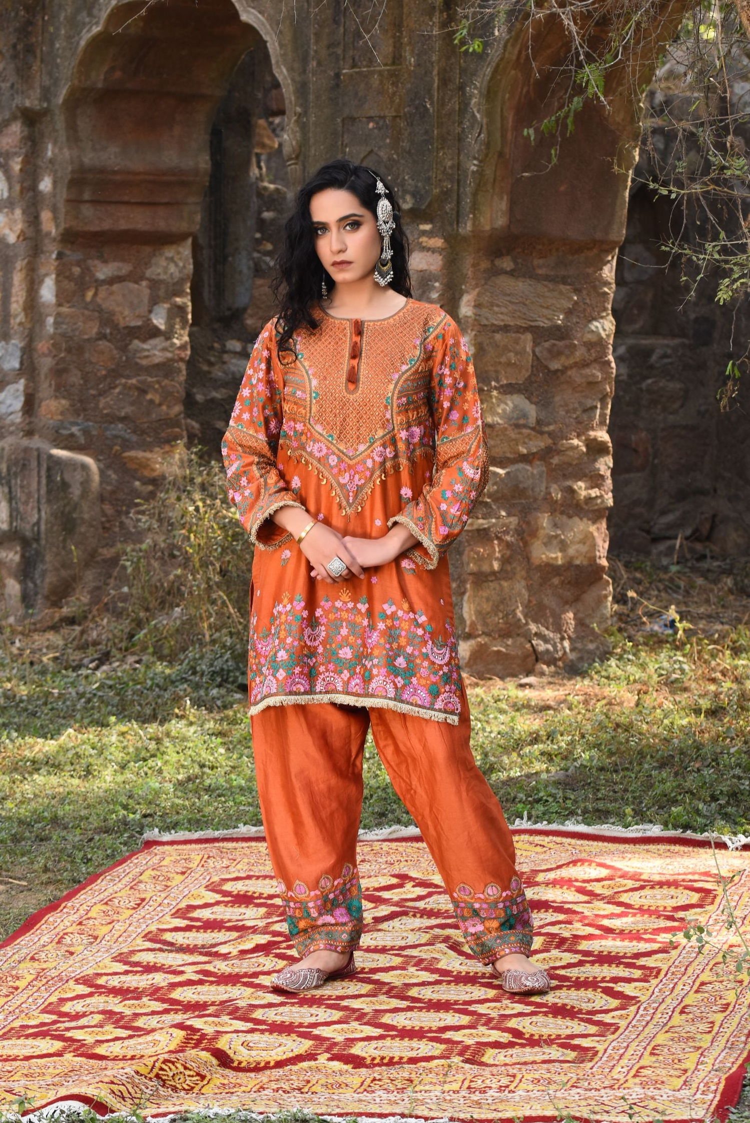 Rust Chanderi Kurta Set With Aari Work, Chanderi Pants With Organza Dupatta