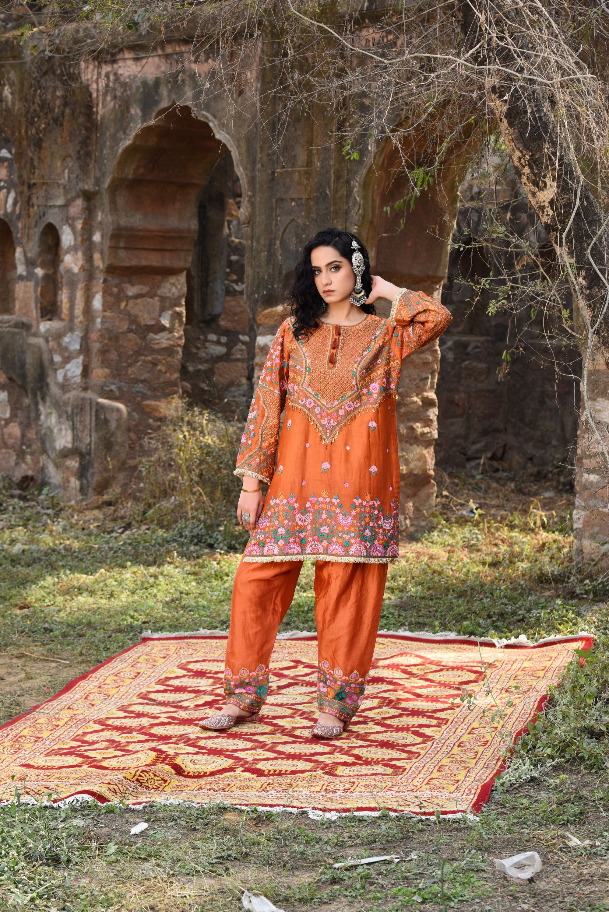 Rust Chanderi Kurta Set With Aari Work, Chanderi Pants With Organza Dupatta