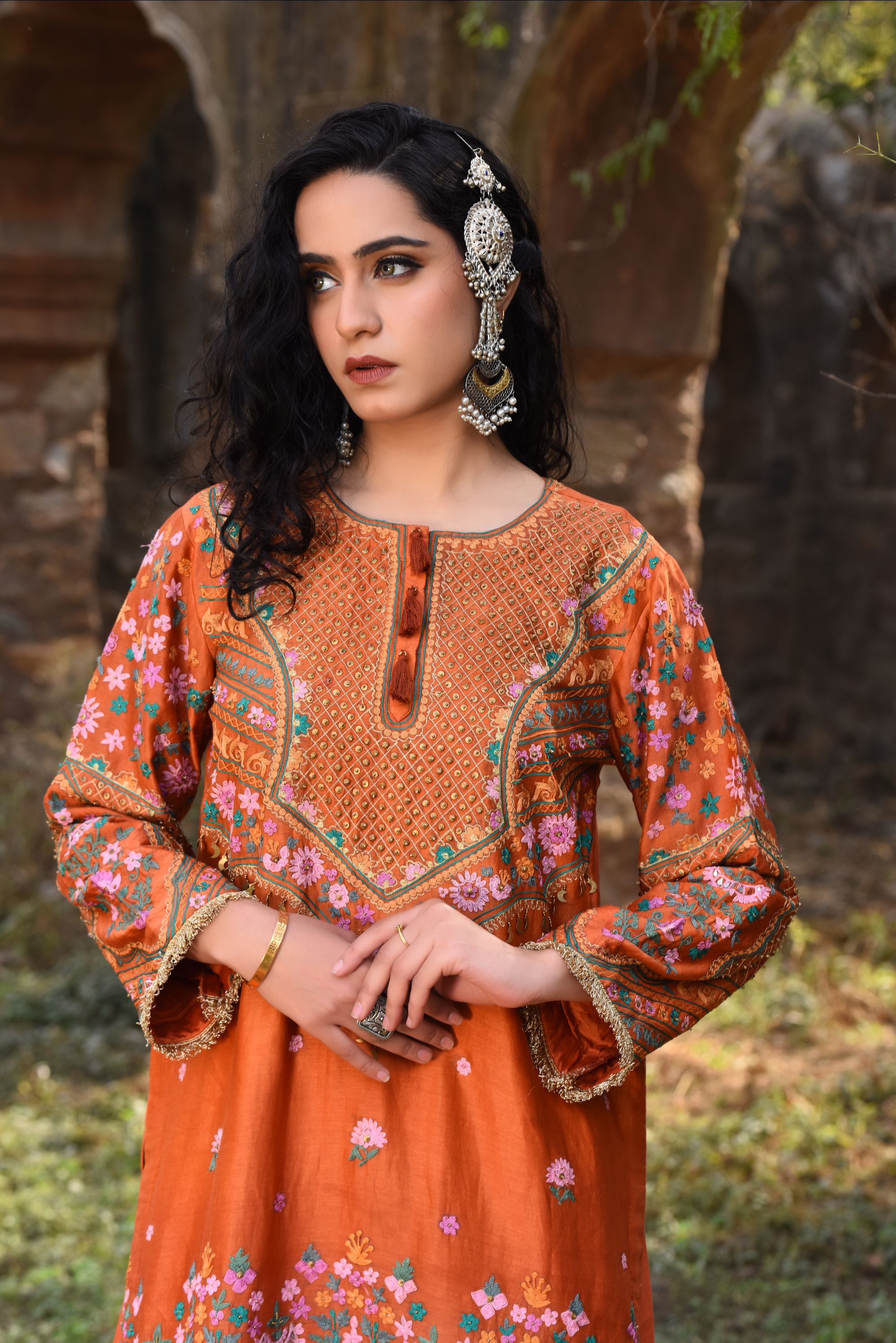 Rust Chanderi Kurta Set With Aari Work, Chanderi Pants With Organza Dupatta
