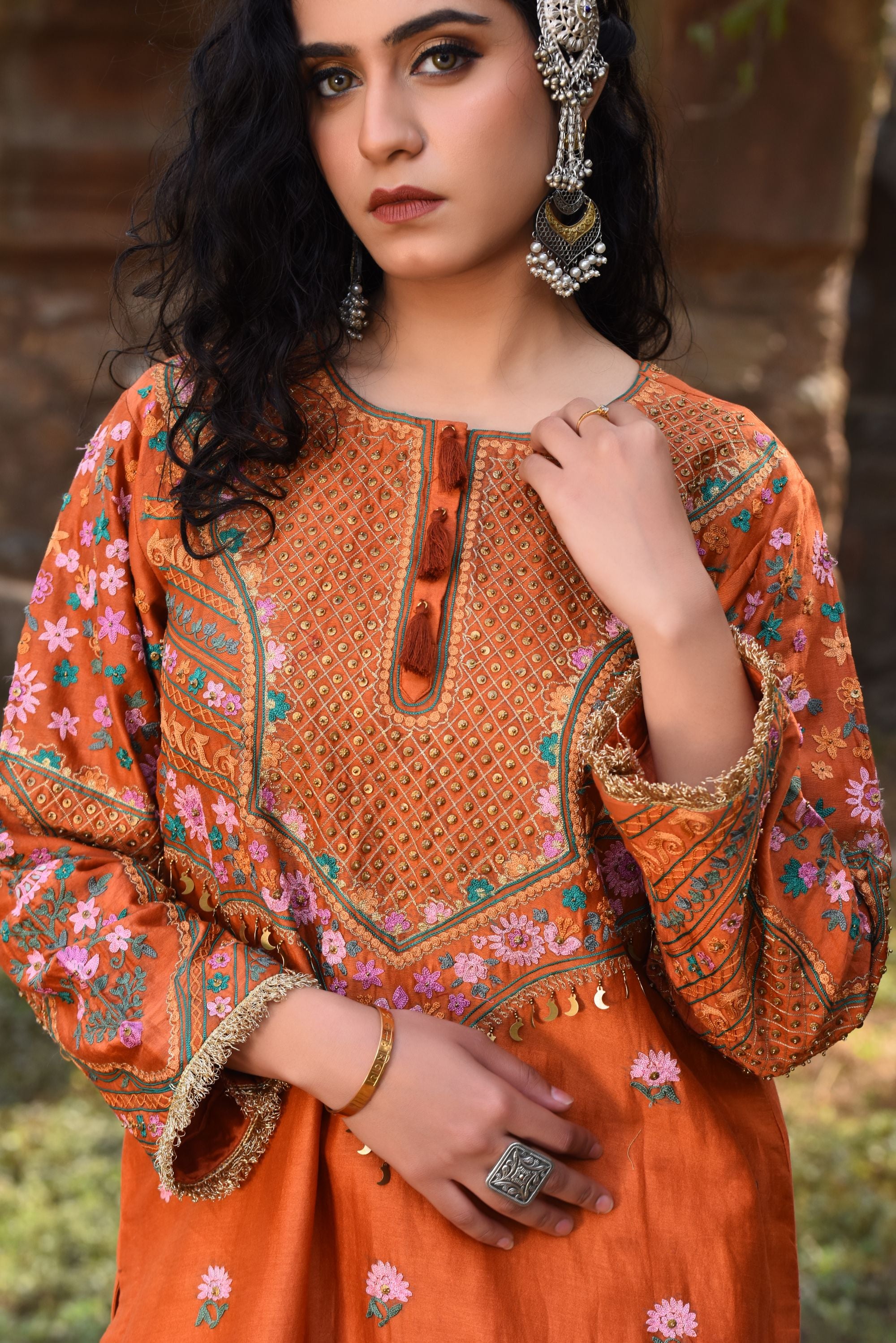 Rust Chanderi Kurta Set With Aari Work, Chanderi Pants With Organza Dupatta
