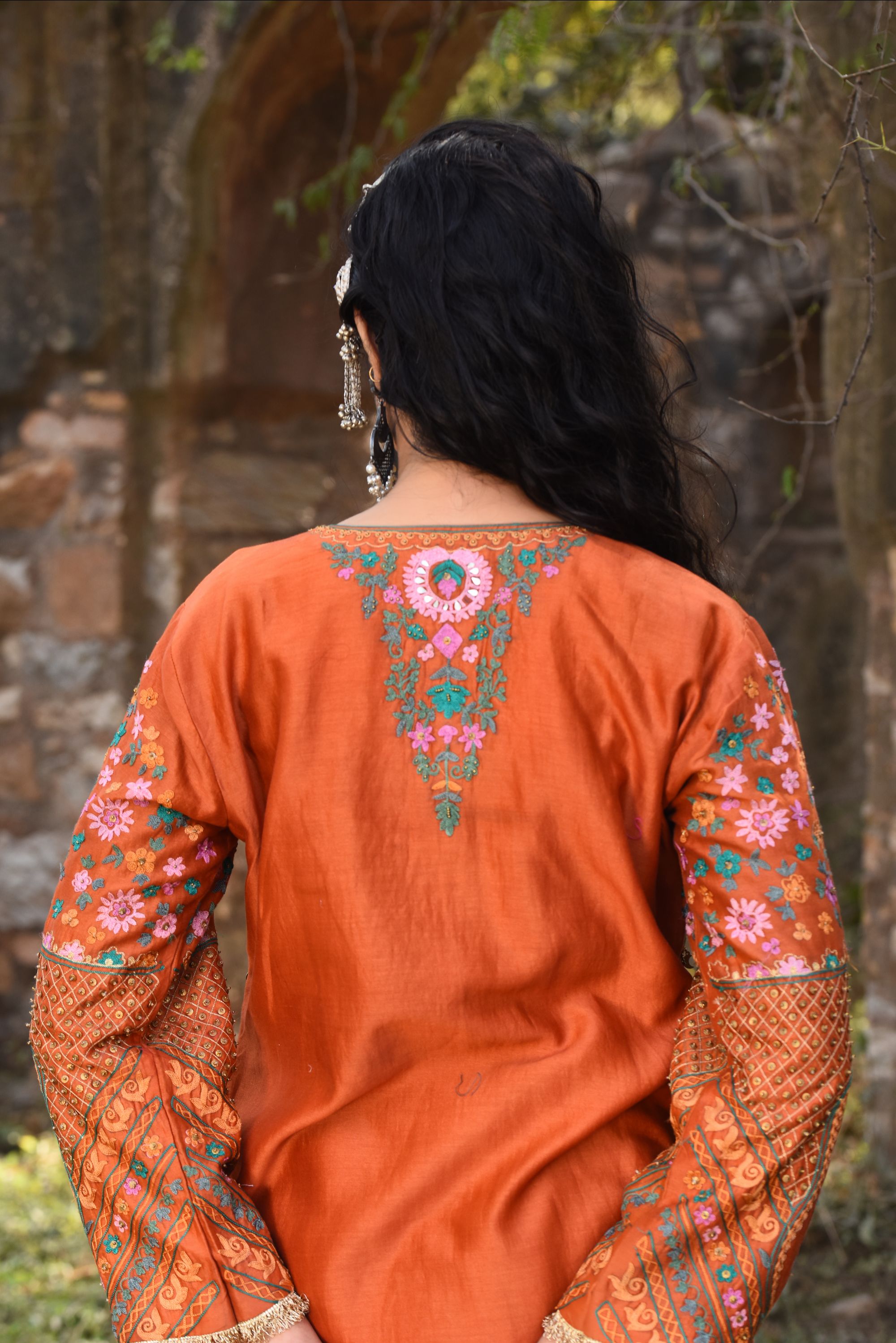 Rust Chanderi Kurta Set With Aari Work, Chanderi Pants With Organza Dupatta