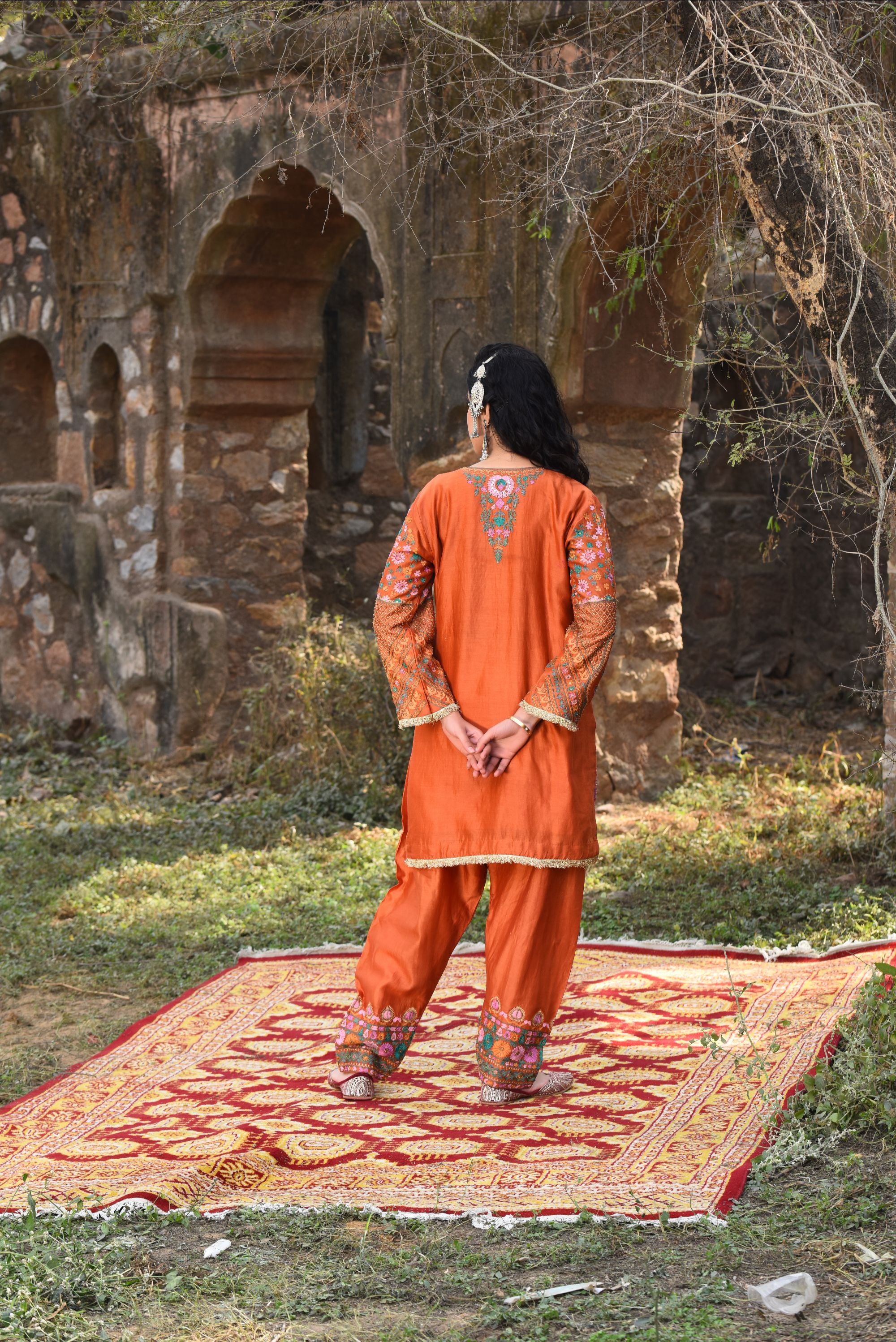 Rust Chanderi Kurta Set With Aari Work, Chanderi Pants With Organza Dupatta