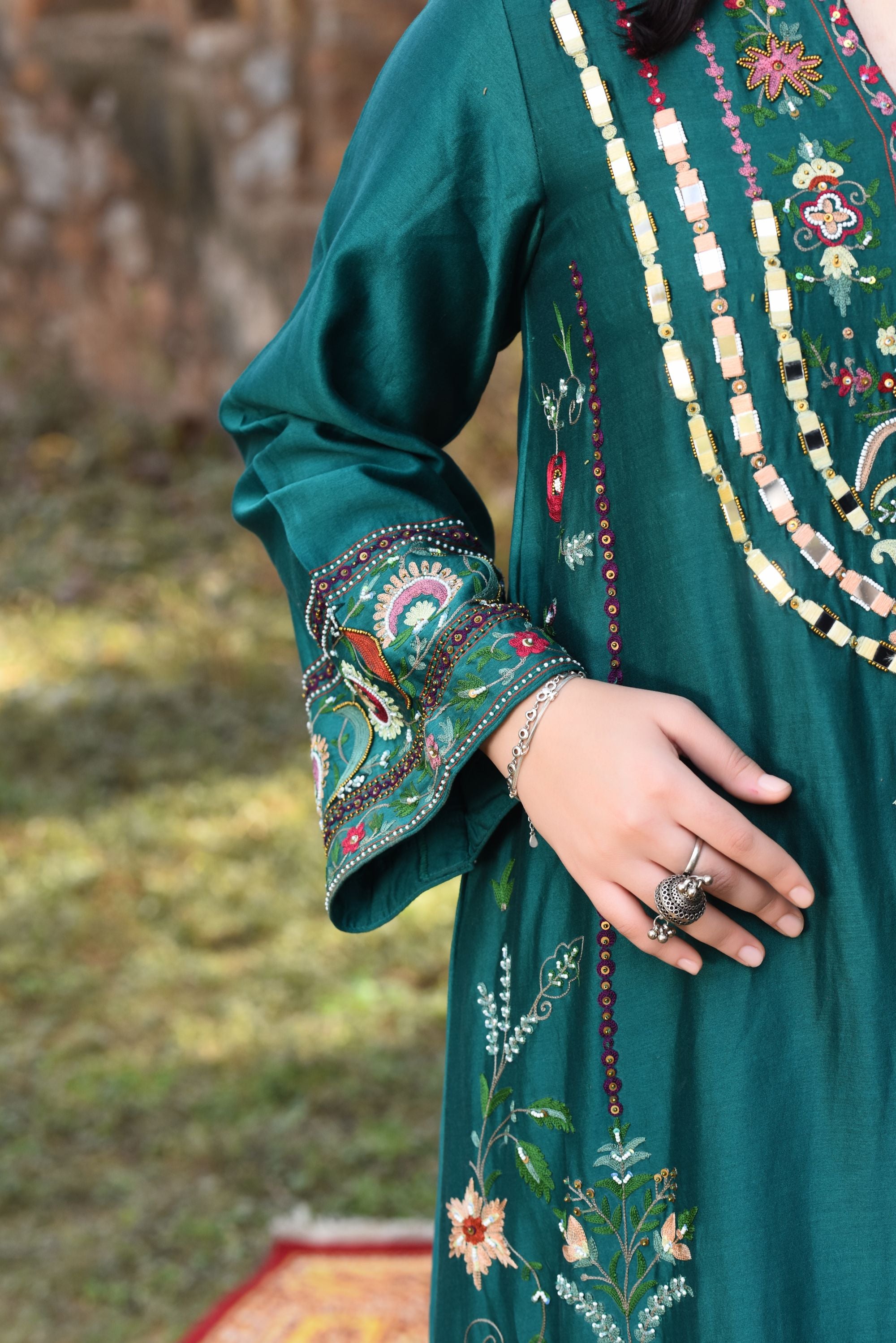 Emerald Chanderi Kurta Set With Aari Work And Mirror Work, Chanderi Pants With Jaal Organza Dupatta