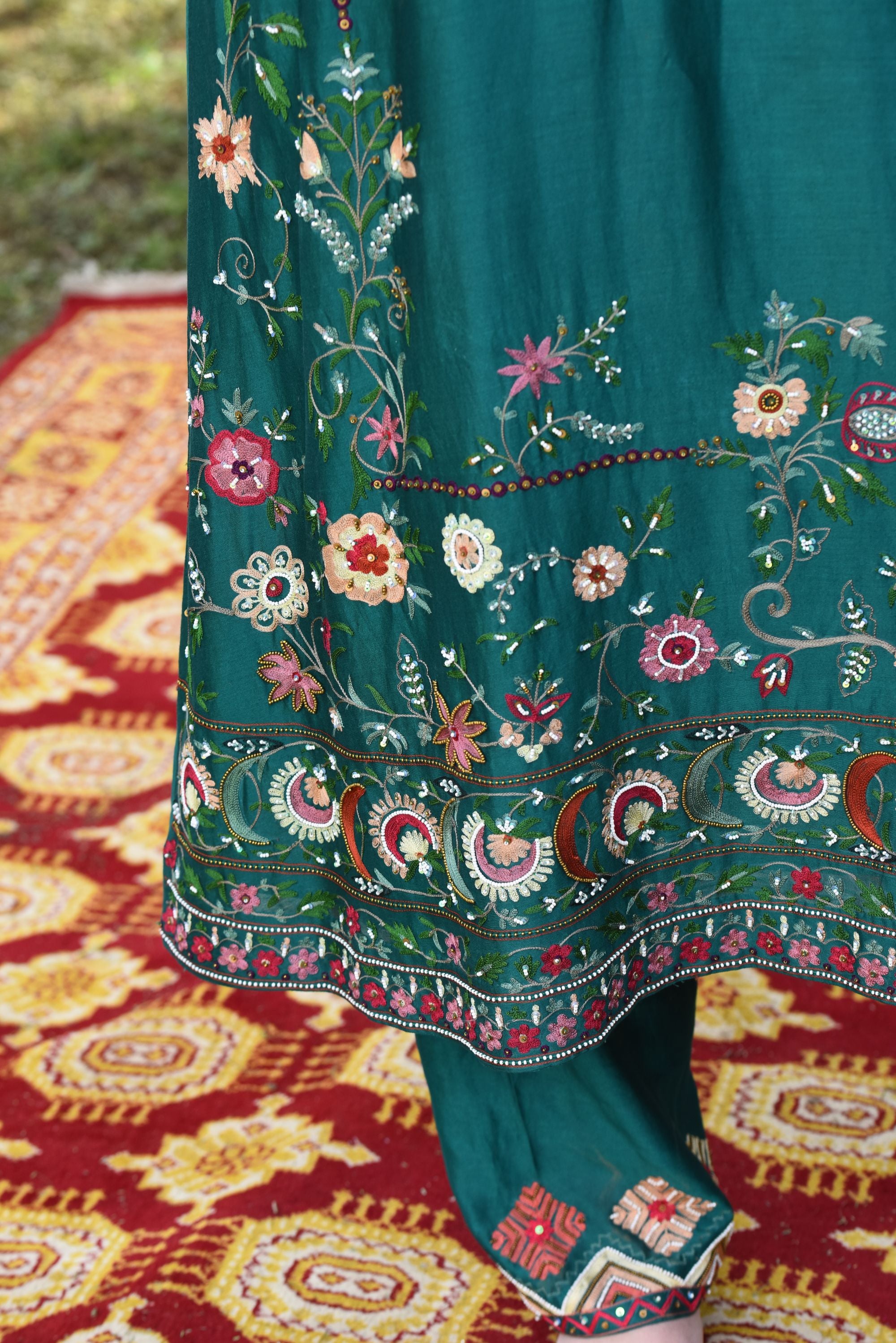 Emerald Chanderi Kurta Set With Aari Work And Mirror Work, Chanderi Pants With Jaal Organza Dupatta