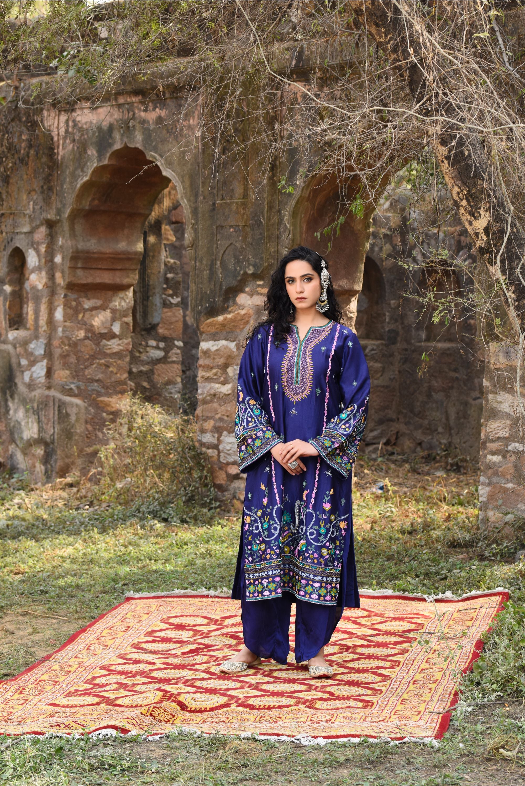 Ink Blue Chanderi Kurta Set With Aari Work, Bamber Tulip Pants With Organza Dupatta