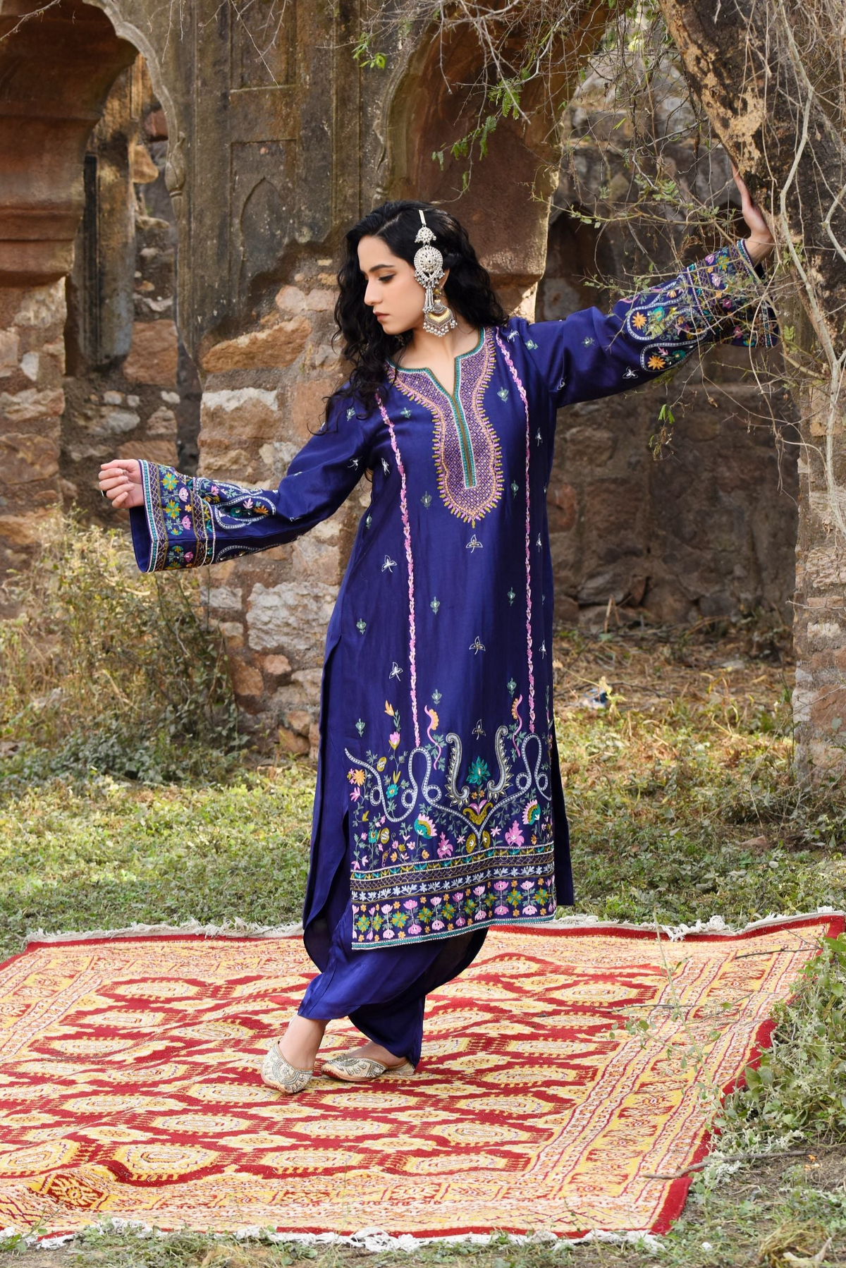 Ink Blue Chanderi Kurta Set With Aari Work, Bamber Tulip Pants With Organza Dupatta