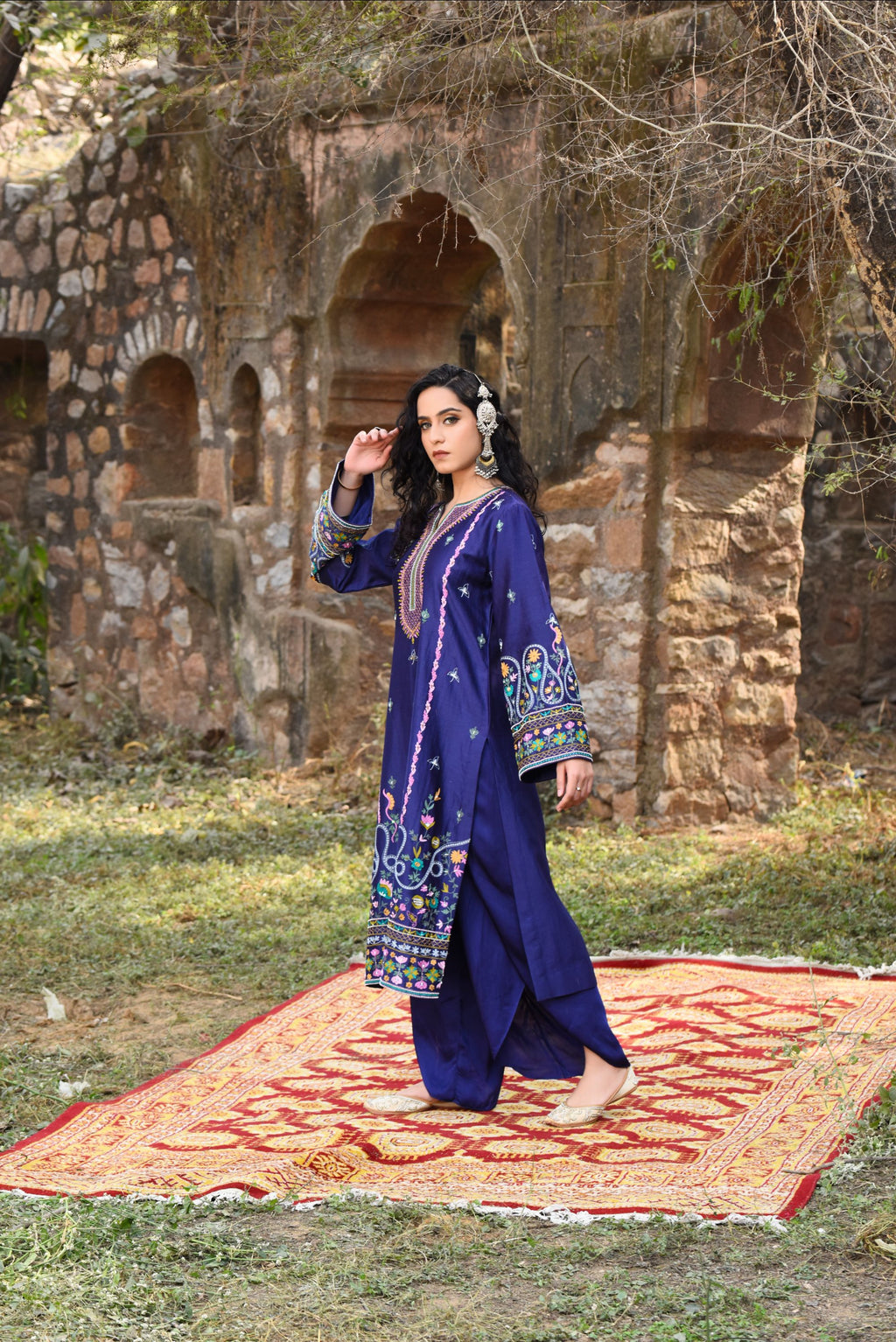 Ink Blue Chanderi Kurta Set With Aari Work, Bamber Tulip Pants With Organza Dupatta