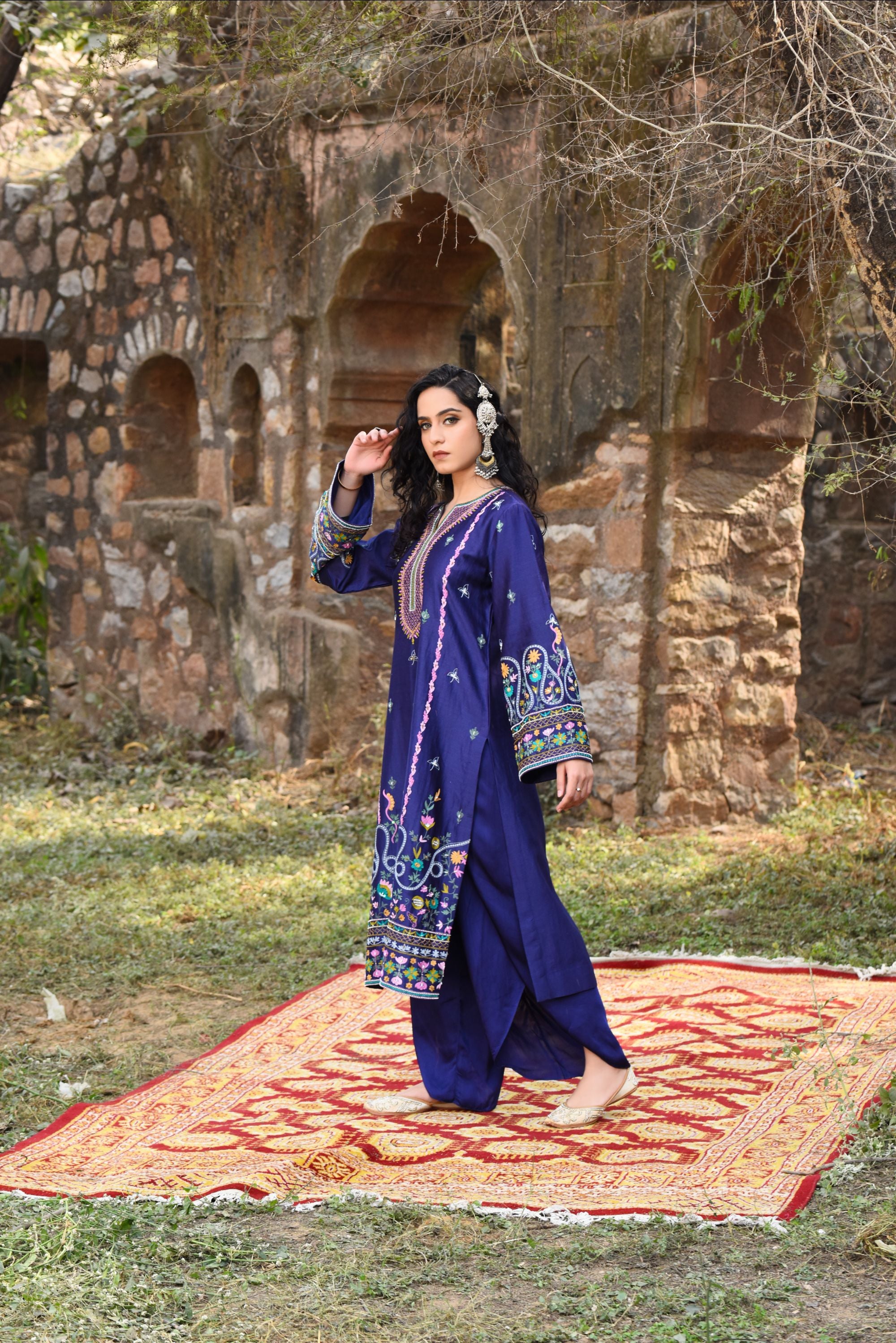 Ink Blue Chanderi Kurta Set With Aari Work, Bamber Tulip Pants With Organza Dupatta