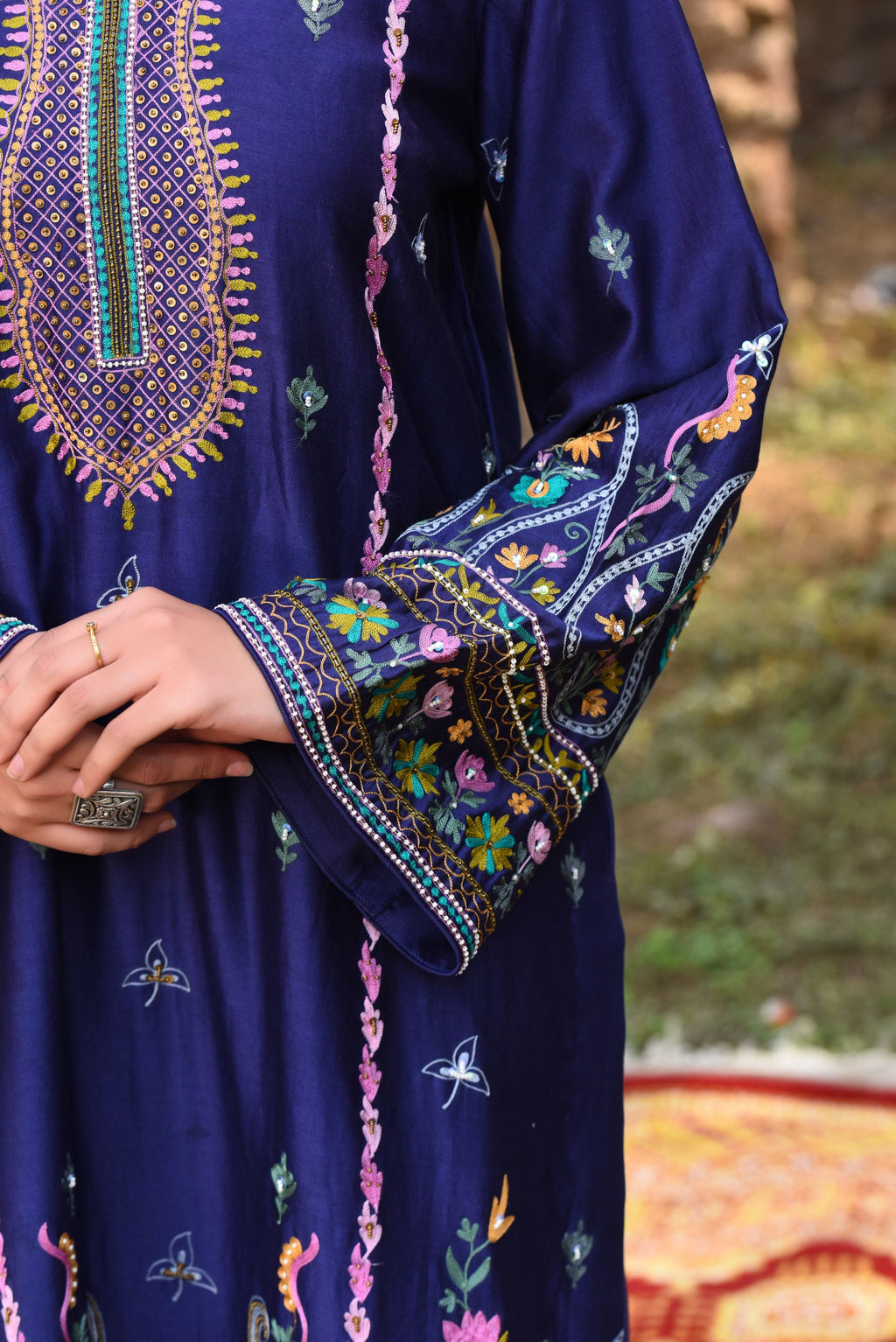 Ink Blue Chanderi Kurta Set With Aari Work, Bamber Tulip Pants With Organza Dupatta