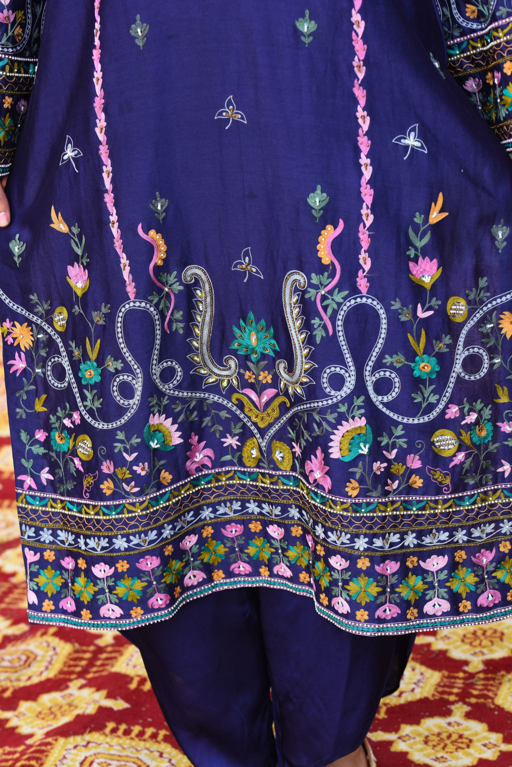Ink Blue Chanderi Kurta Set With Aari Work, Bamber Tulip Pants With Organza Dupatta