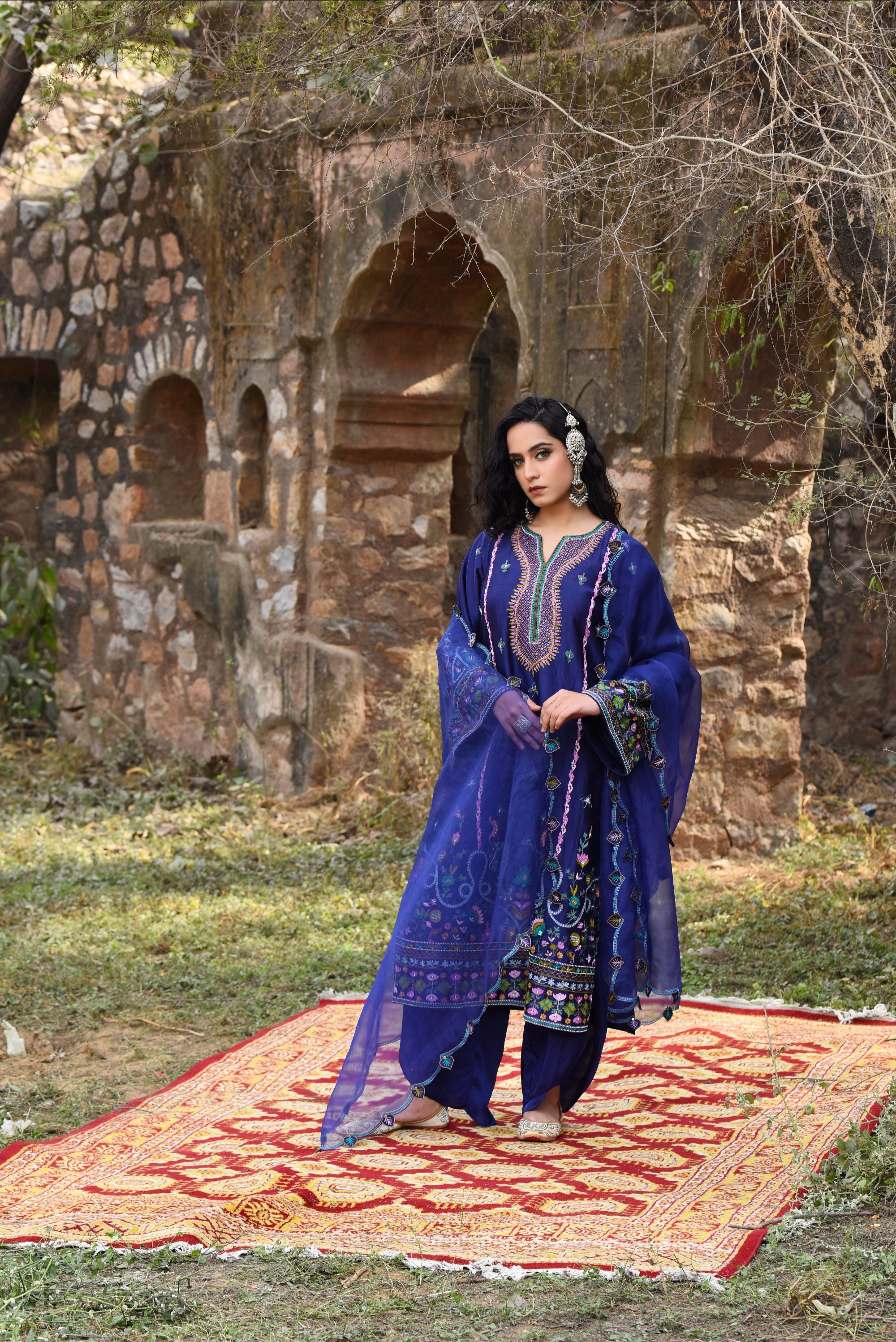Ink Blue Chanderi Kurta Set With Aari Work, Bamber Tulip Pants With Organza Dupatta