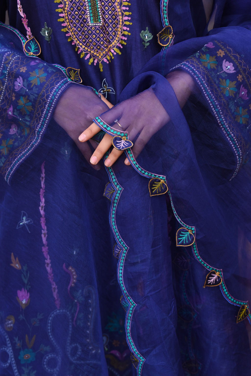Ink Blue Chanderi Kurta Set With Aari Work, Bamber Tulip Pants With Organza Dupatta