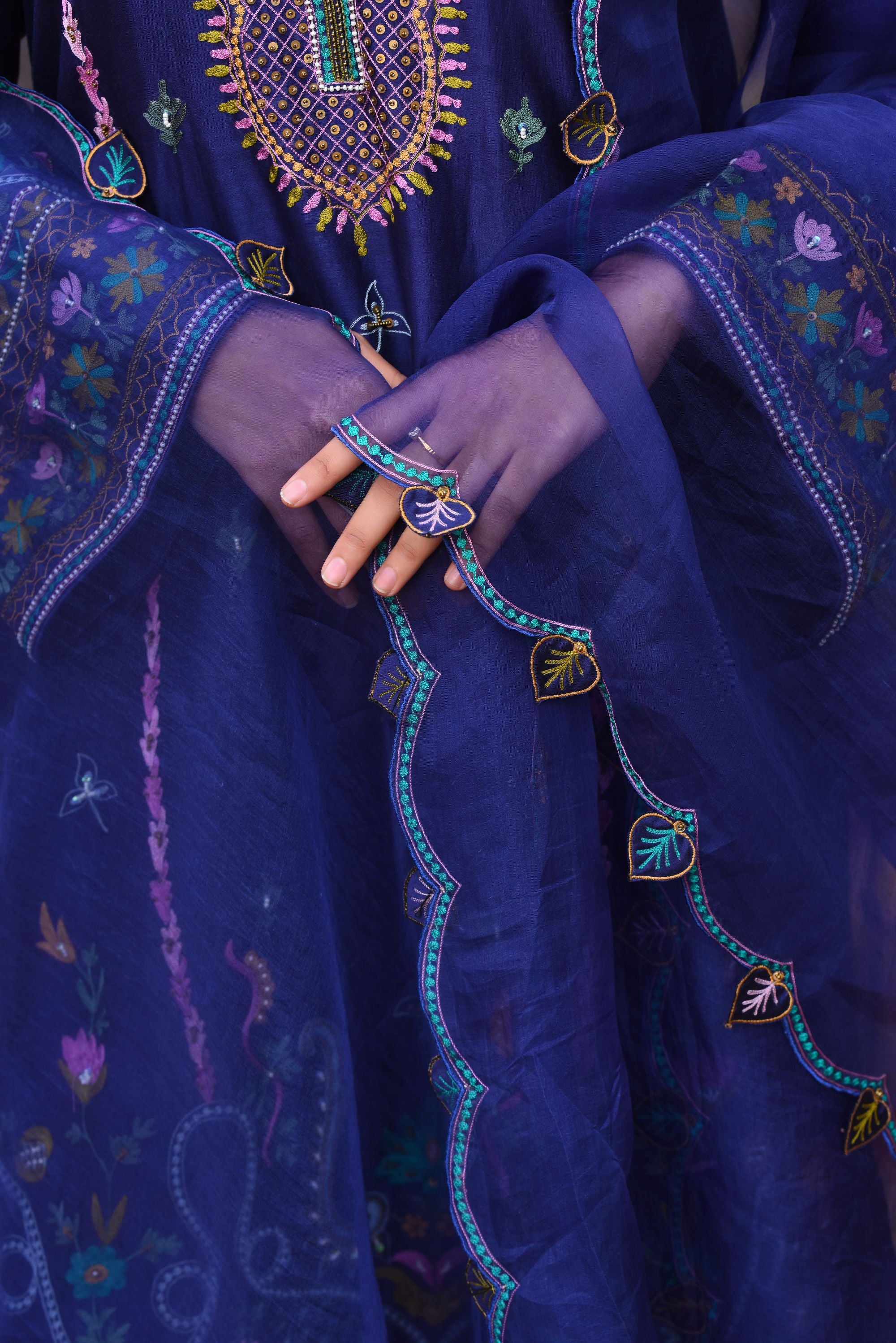 Ink Blue Chanderi Kurta Set With Aari Work, Bamber Tulip Pants With Organza Dupatta