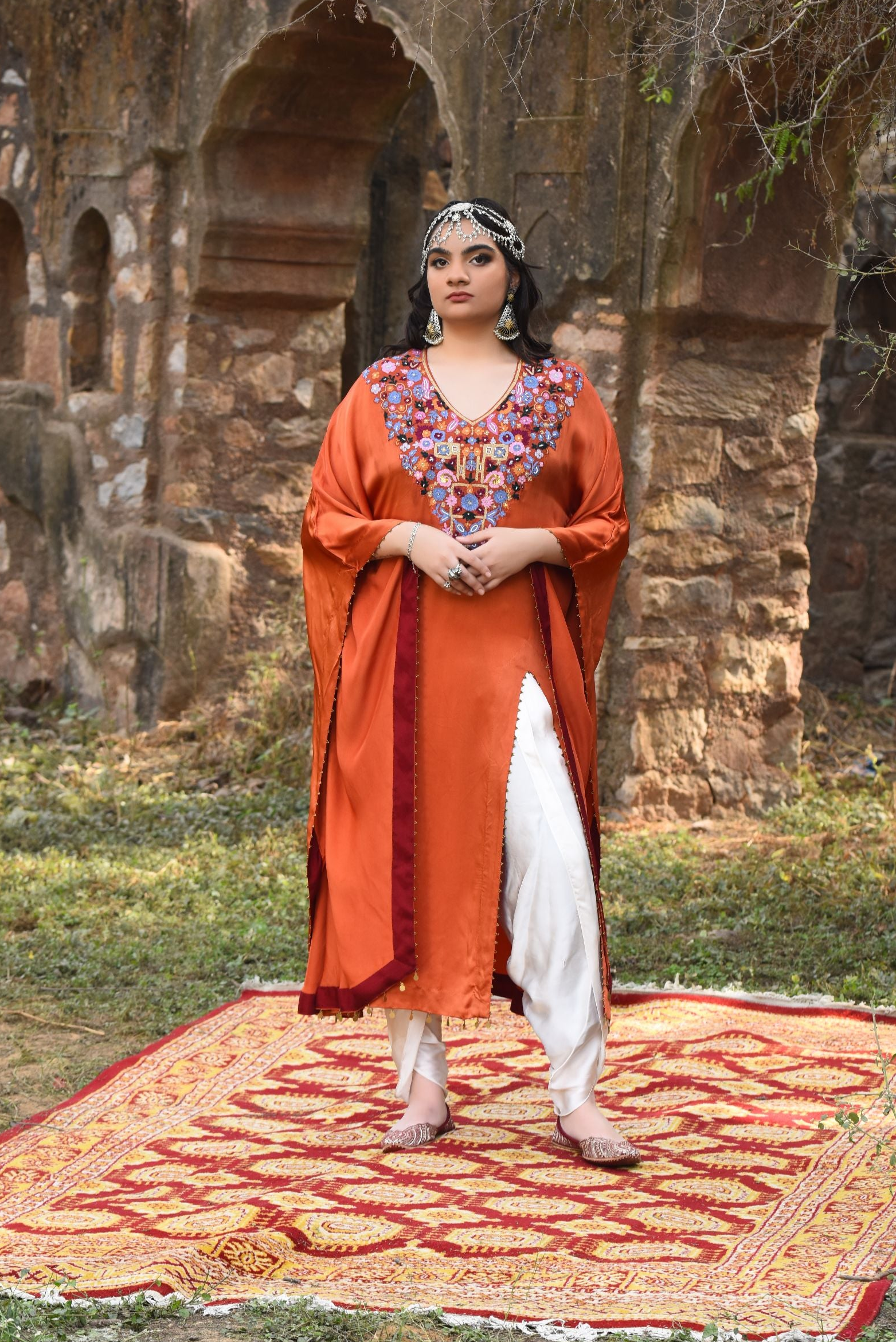 Rust Kaftan With Bamber Dhoti