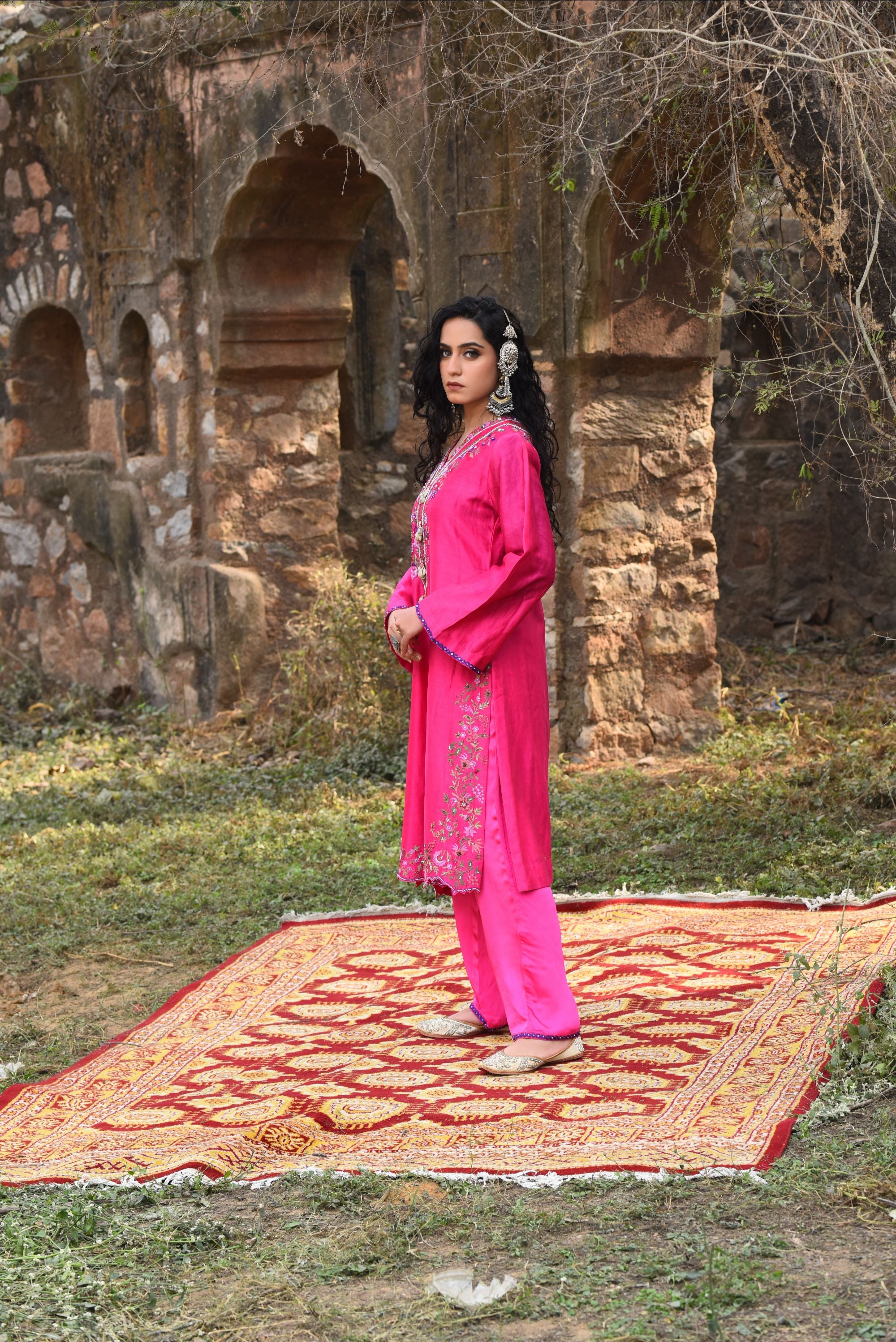 Pink Chanderi Kurta Set With Aari Work With Bamber Pants