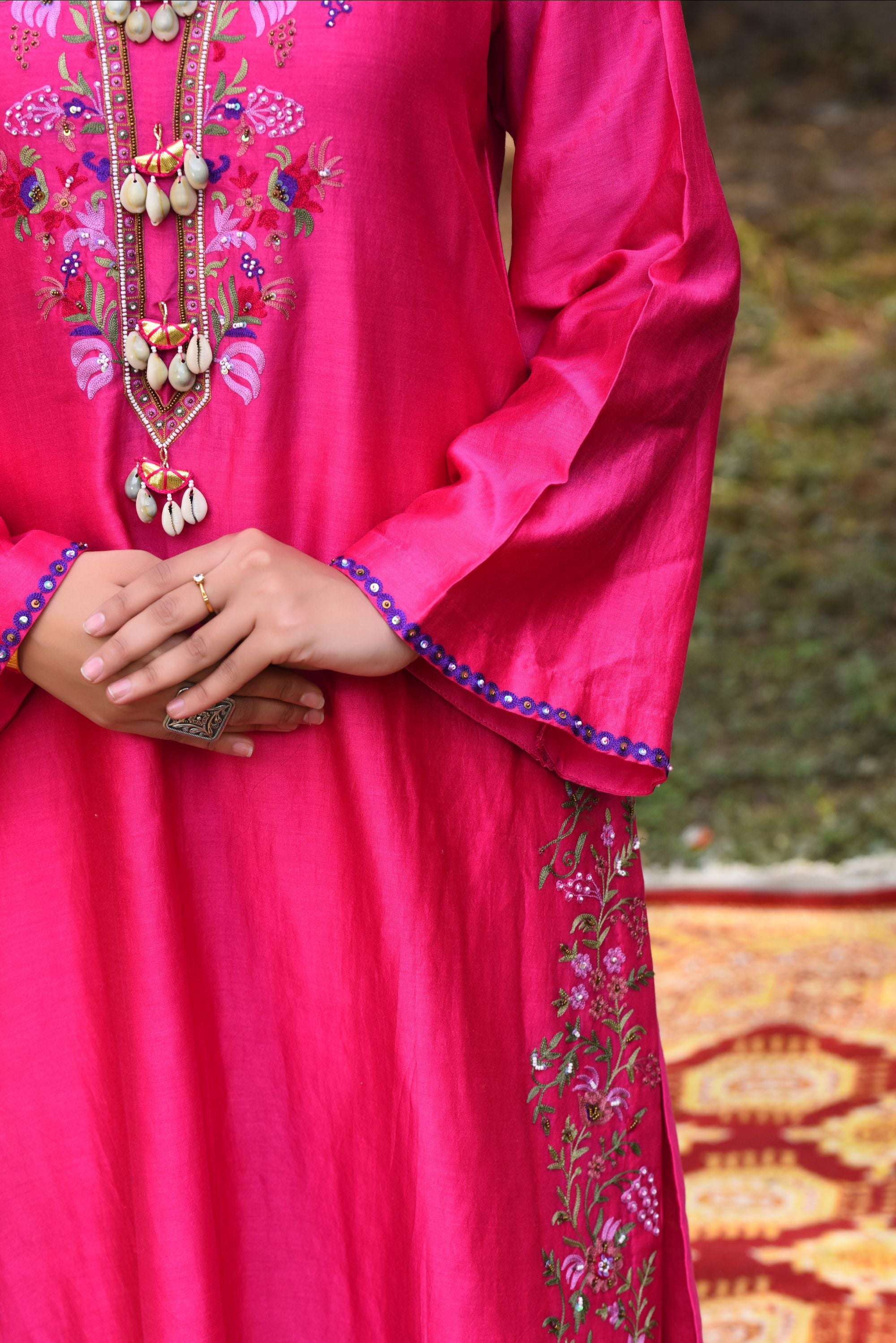 Pink Chanderi Kurta Set With Aari Work With Bamber Pants