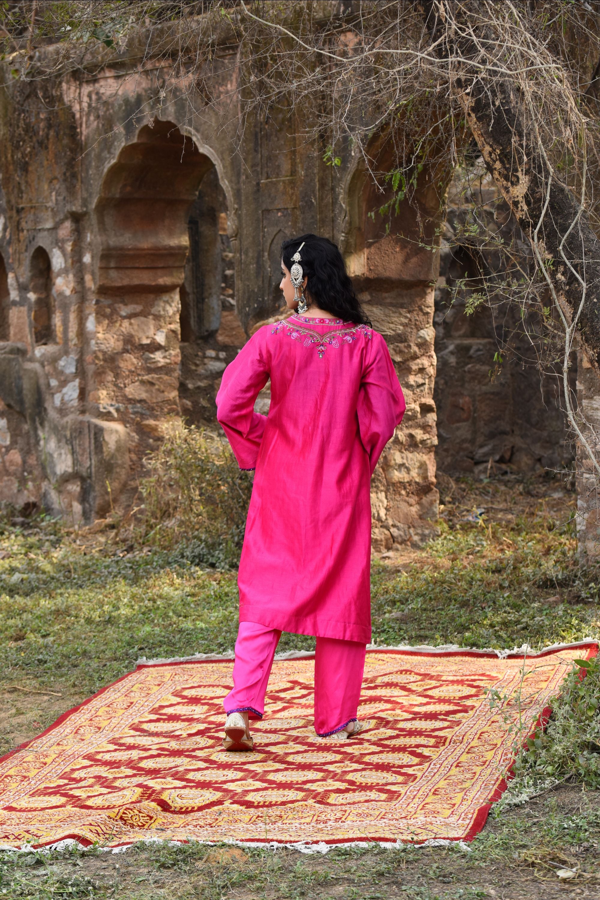 Pink Chanderi Kurta Set With Aari Work With Bamber Pants