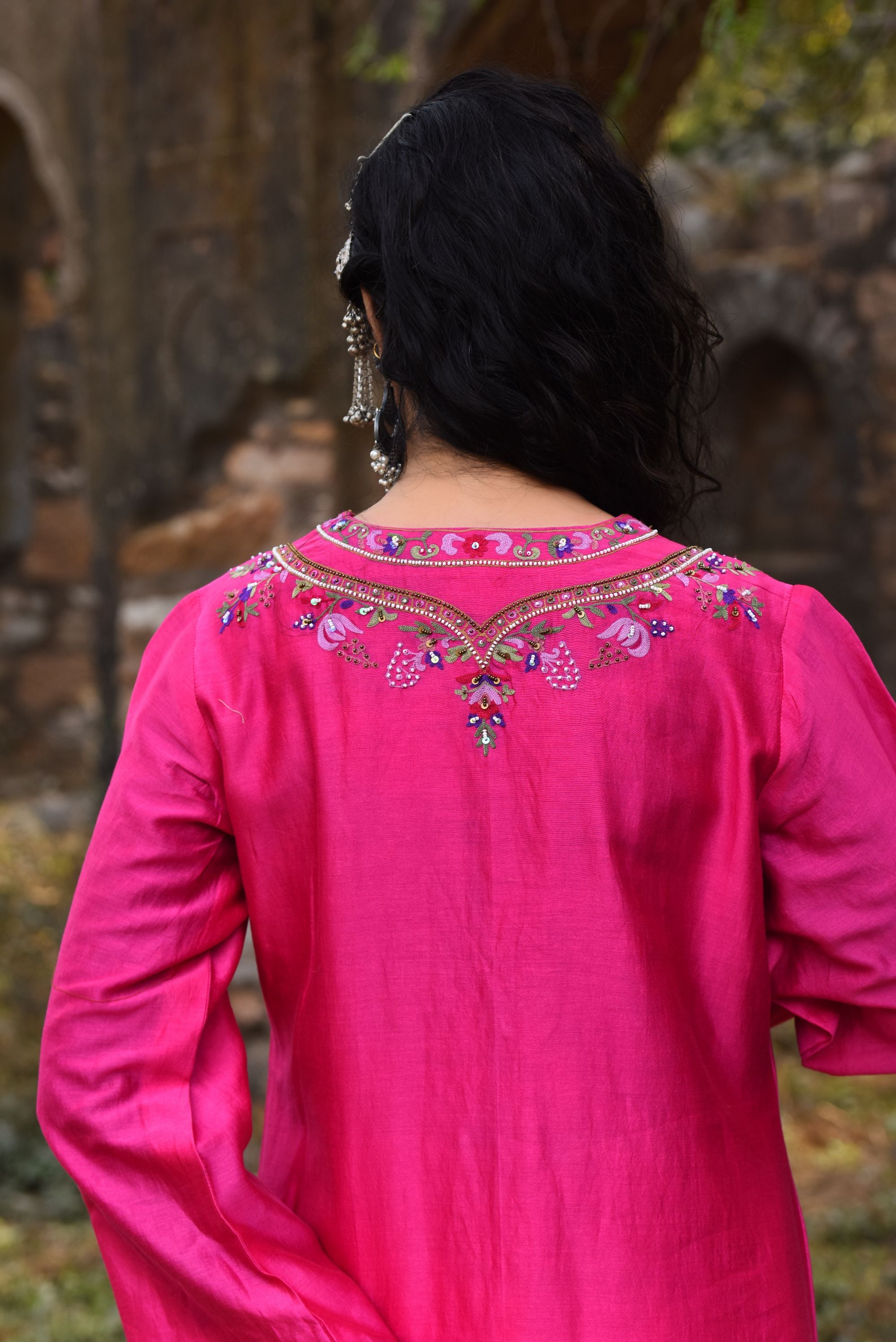 Pink Chanderi Kurta Set With Aari Work With Bamber Pants
