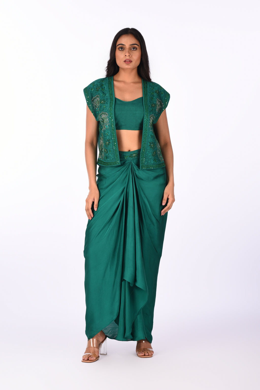 Emerald Draped Saree Set with Embroidered Jacket