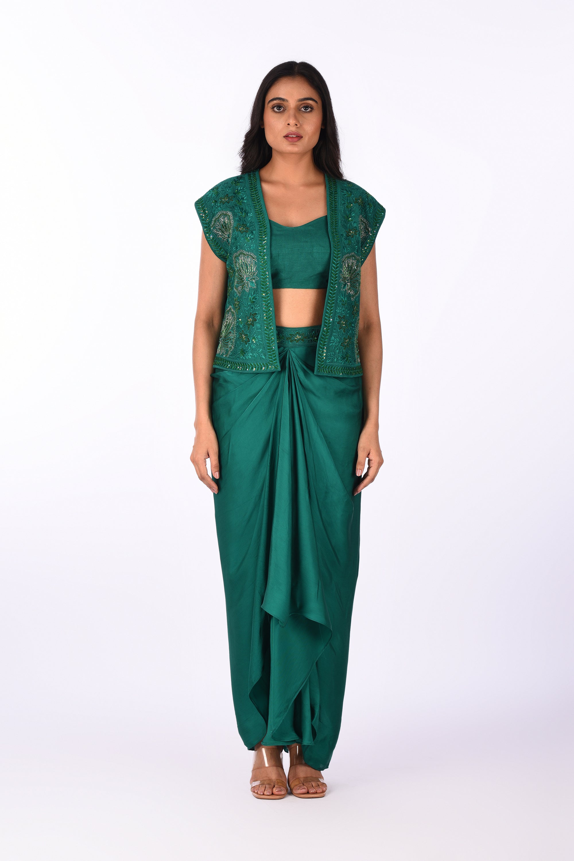 Emerald Draped Saree Set with Embroidered Jacket