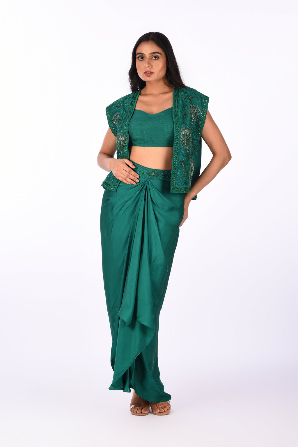 Emerald Draped Saree Set with Embroidered Jacket