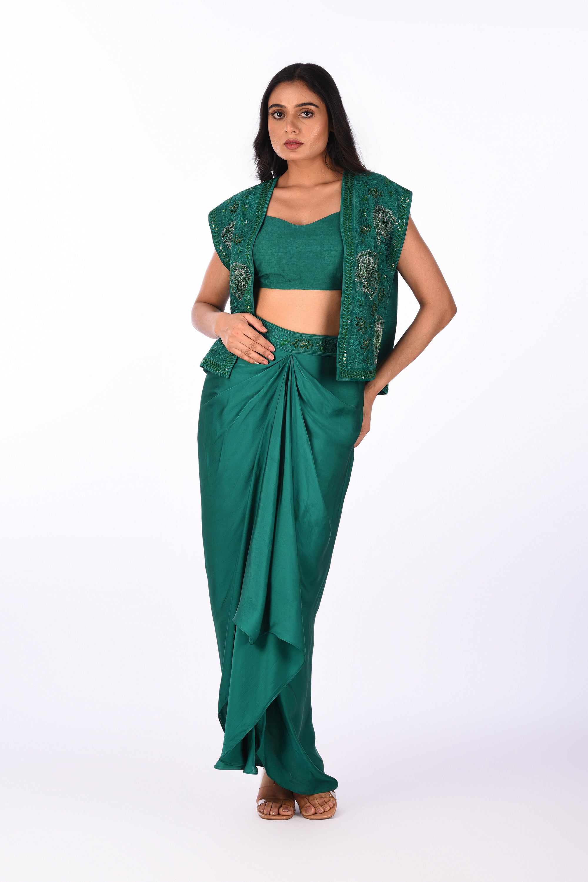 Emerald Draped Saree Set with Embroidered Jacket
