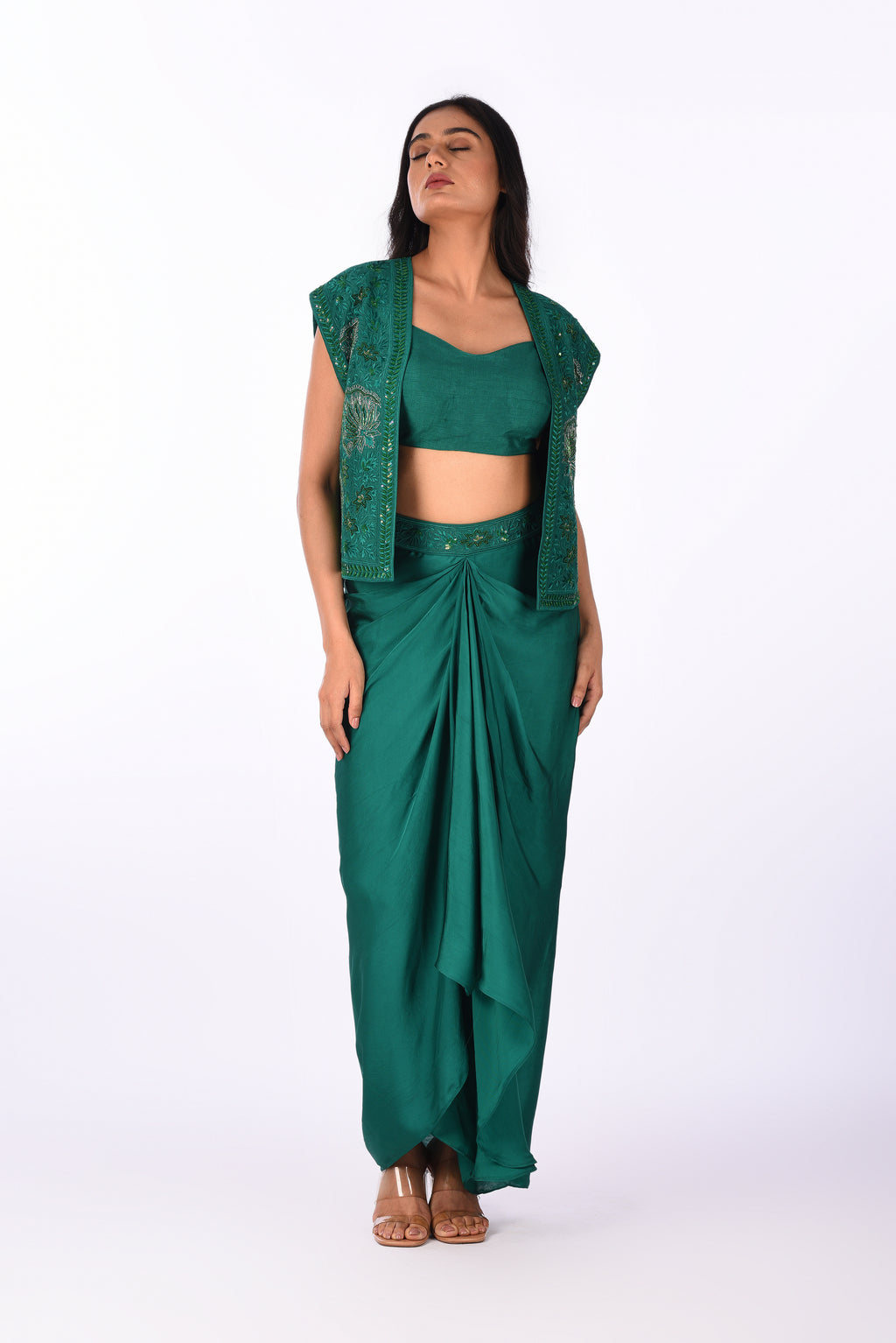 Emerald Draped Saree Set with Embroidered Jacket